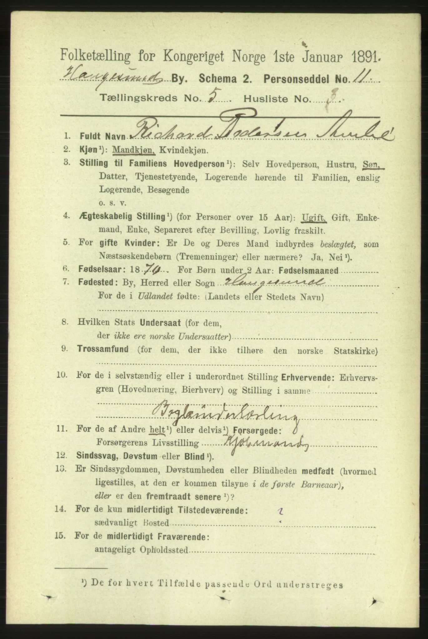 RA, 1891 census for 1106 Haugesund, 1891, p. 1963