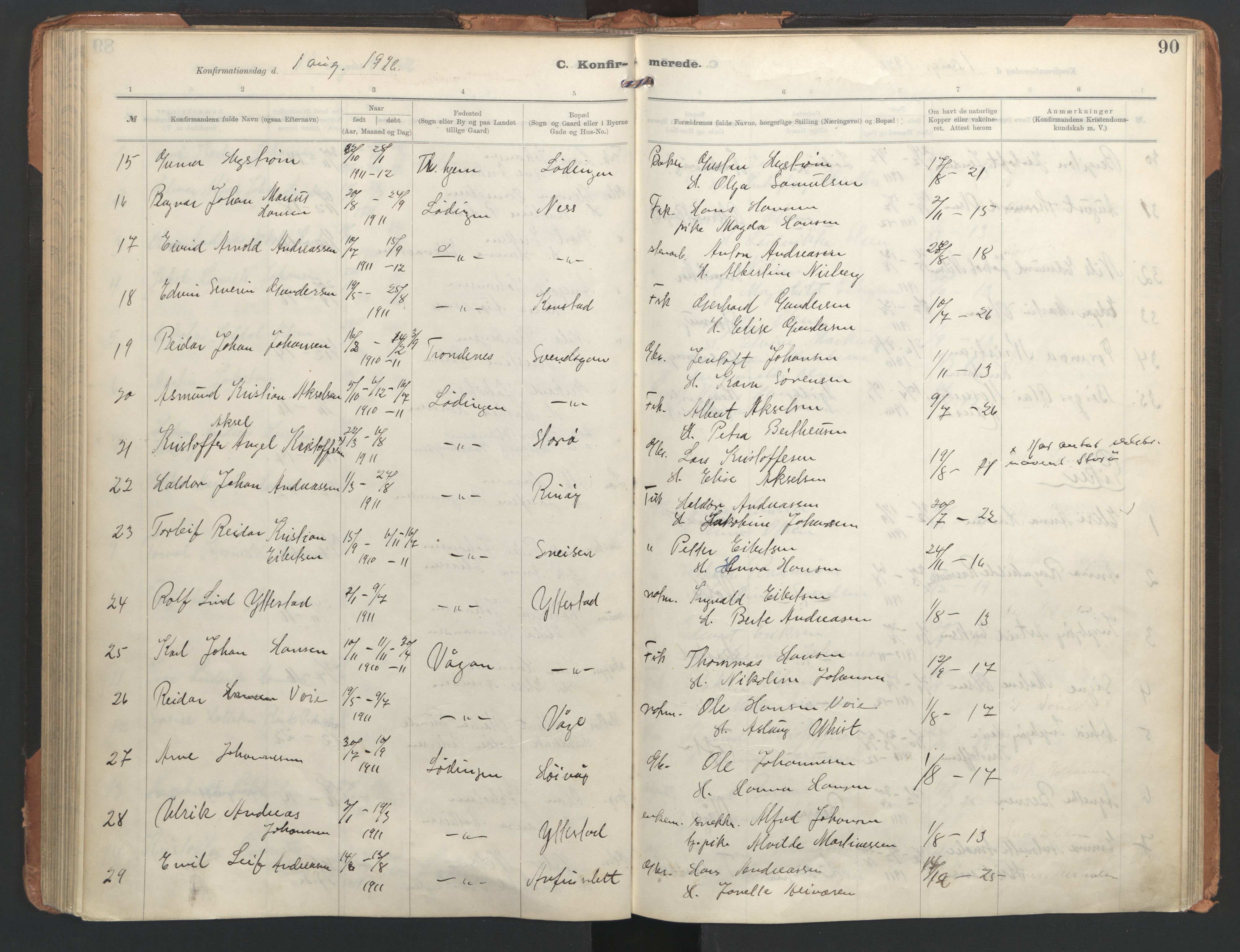 Ministerialprotokoller, klokkerbøker og fødselsregistre - Nordland, AV/SAT-A-1459/872/L1042: Parish register (official) no. 872A17, 1910-1937, p. 90