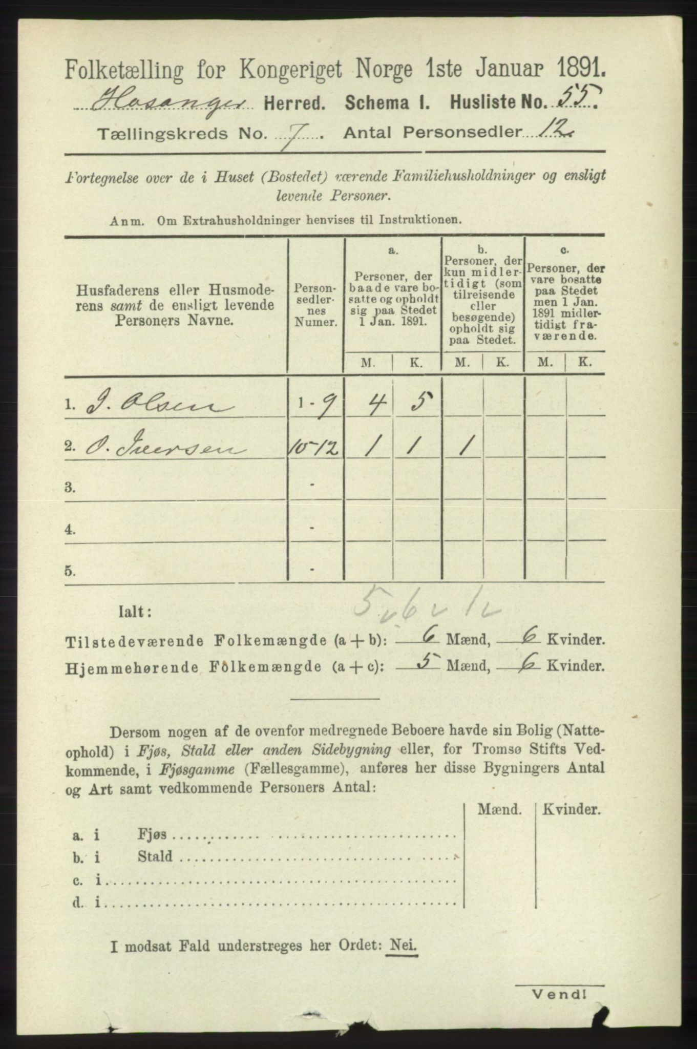 RA, 1891 census for 1253 Hosanger, 1891, p. 2488