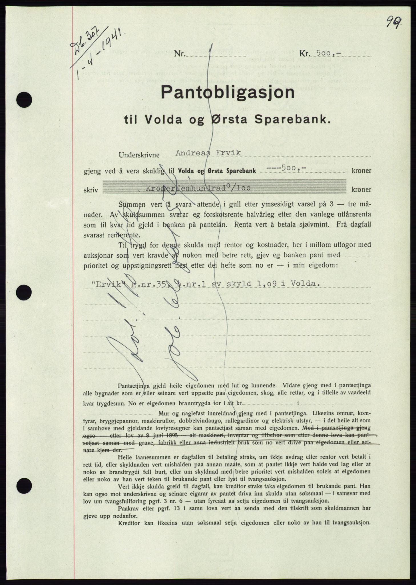 Søre Sunnmøre sorenskriveri, AV/SAT-A-4122/1/2/2C/L0071: Mortgage book no. 65, 1941-1941, Diary no: : 307/1941