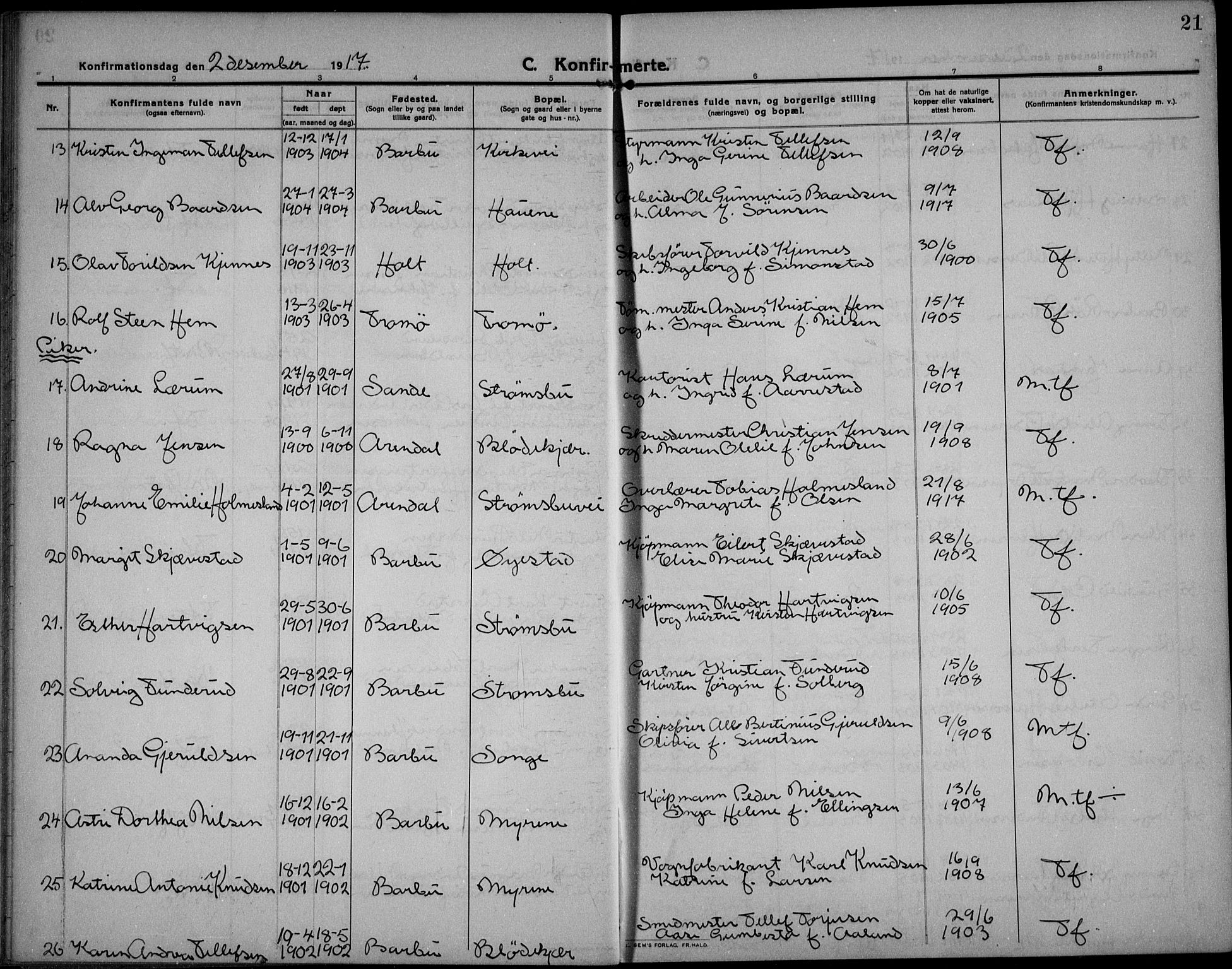 Barbu sokneprestkontor, AV/SAK-1111-0003/F/Fb/L0004: Parish register (copy) no. B 4, 1911-1936, p. 21