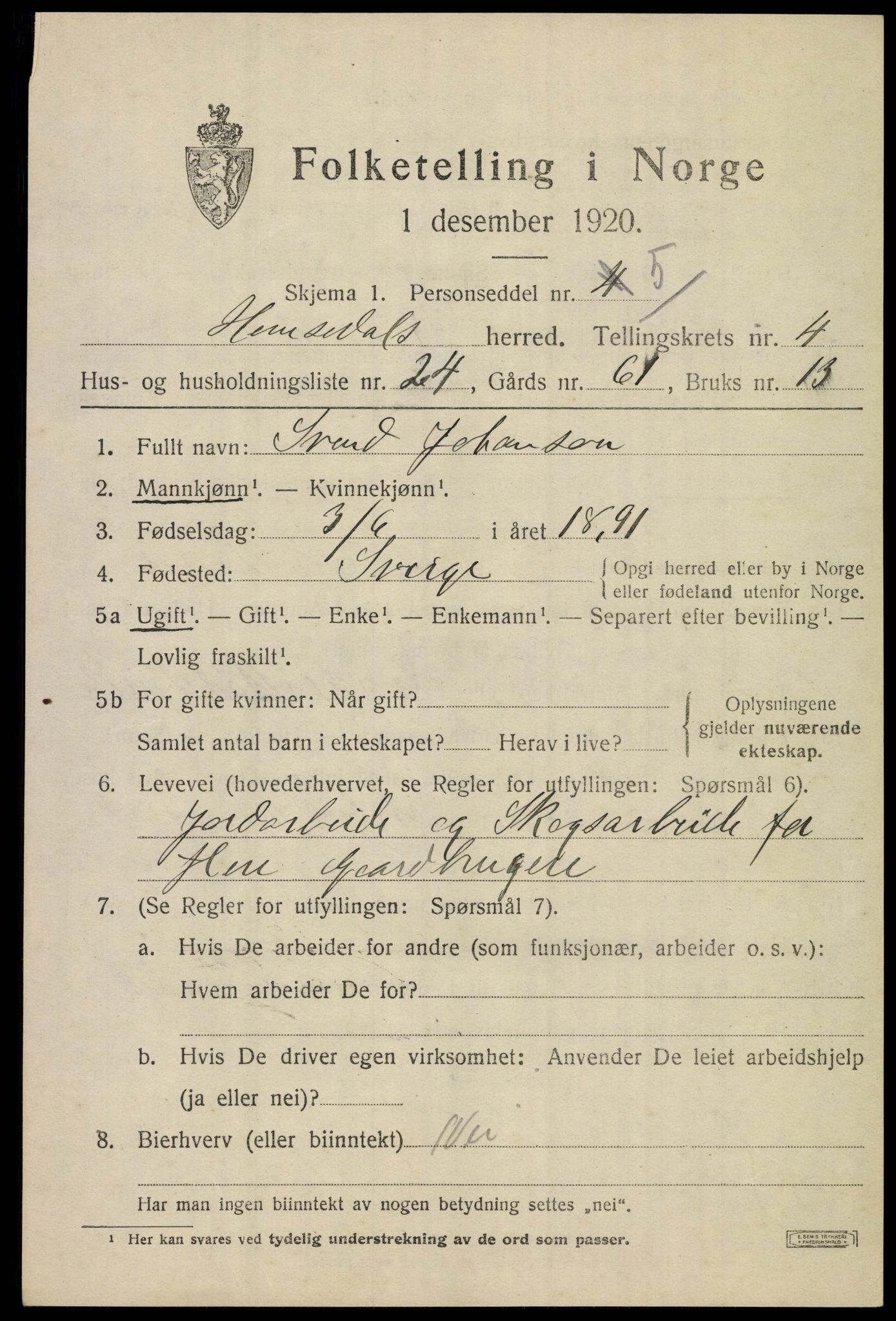 SAKO, 1920 census for Hemsedal, 1920, p. 1726