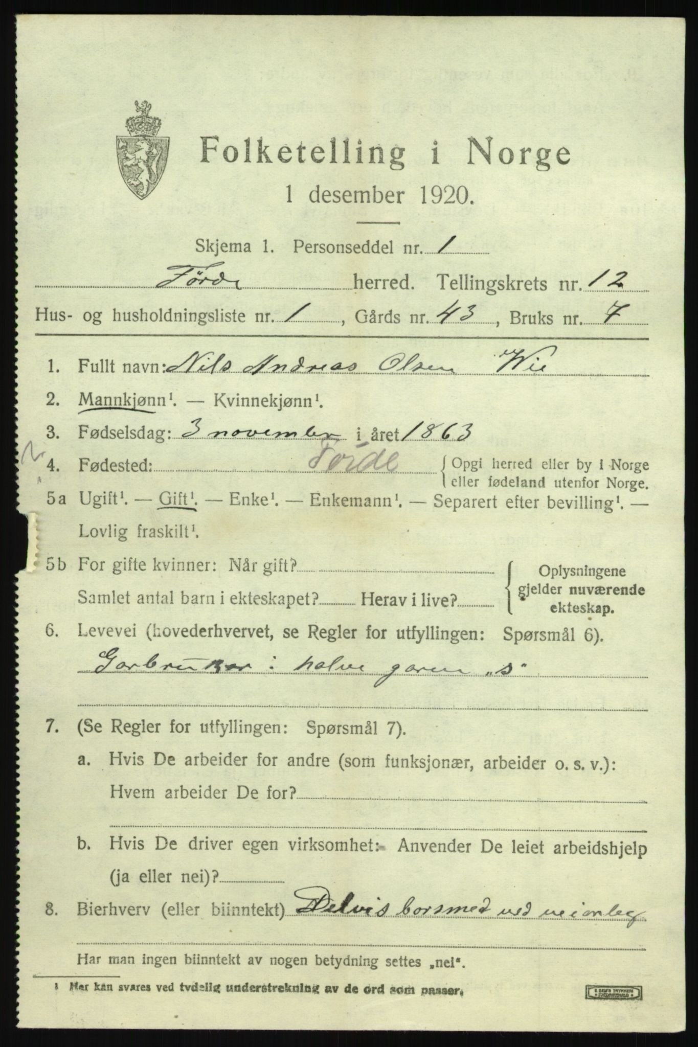 SAB, 1920 census for Førde, 1920, p. 4268