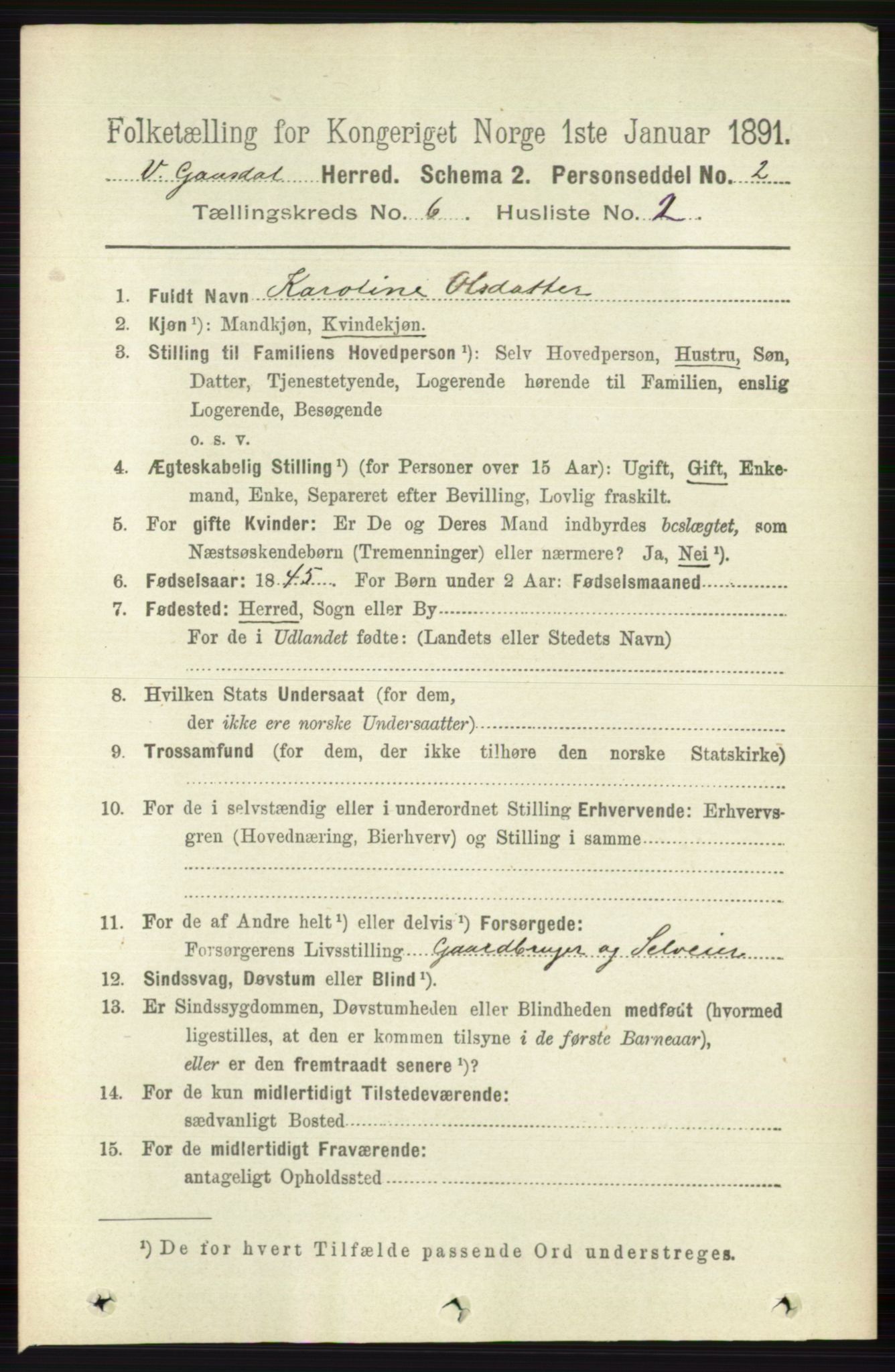 RA, 1891 census for 0523 Vestre Gausdal, 1891, p. 2560