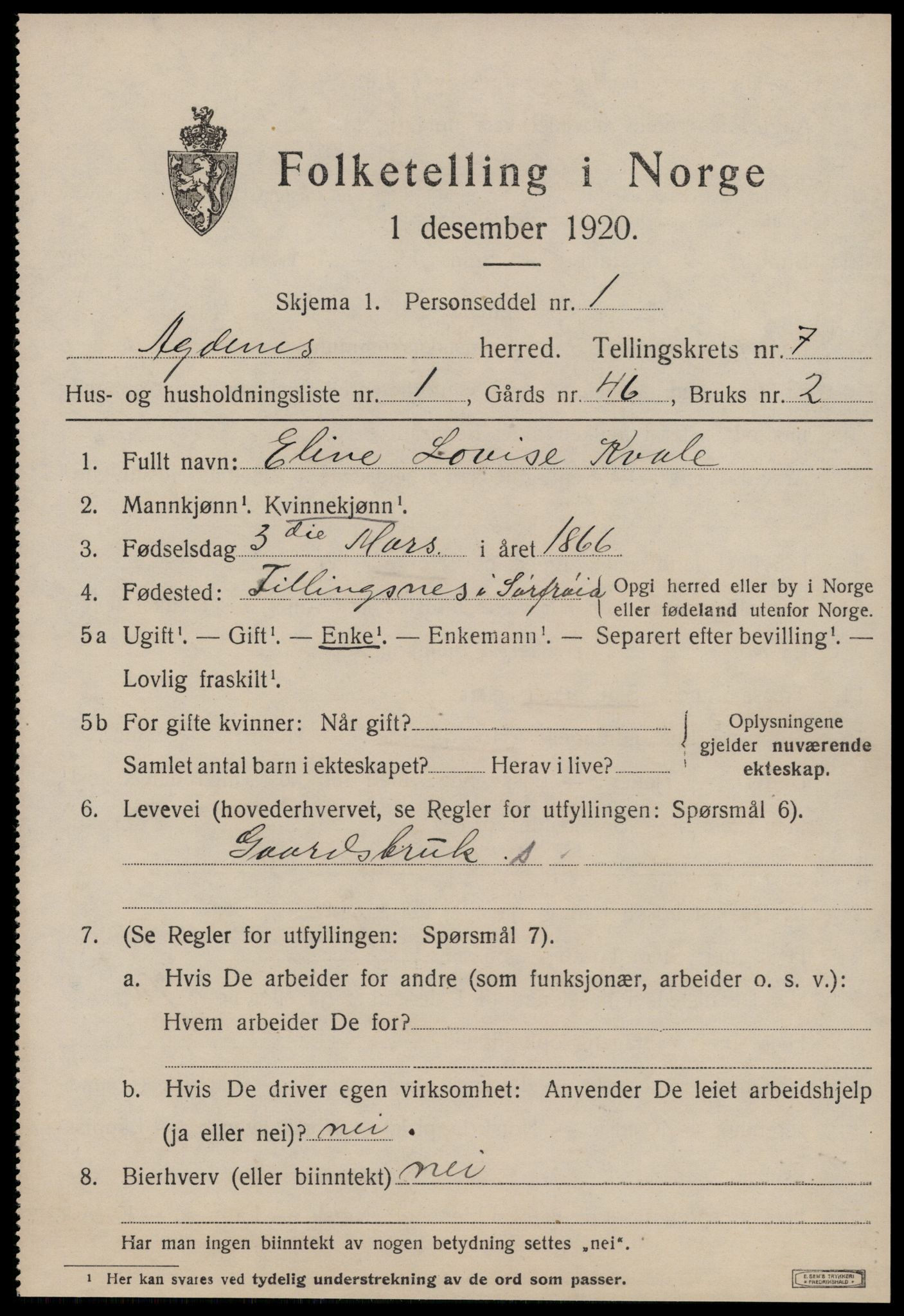 SAT, 1920 census for Agdenes, 1920, p. 2673