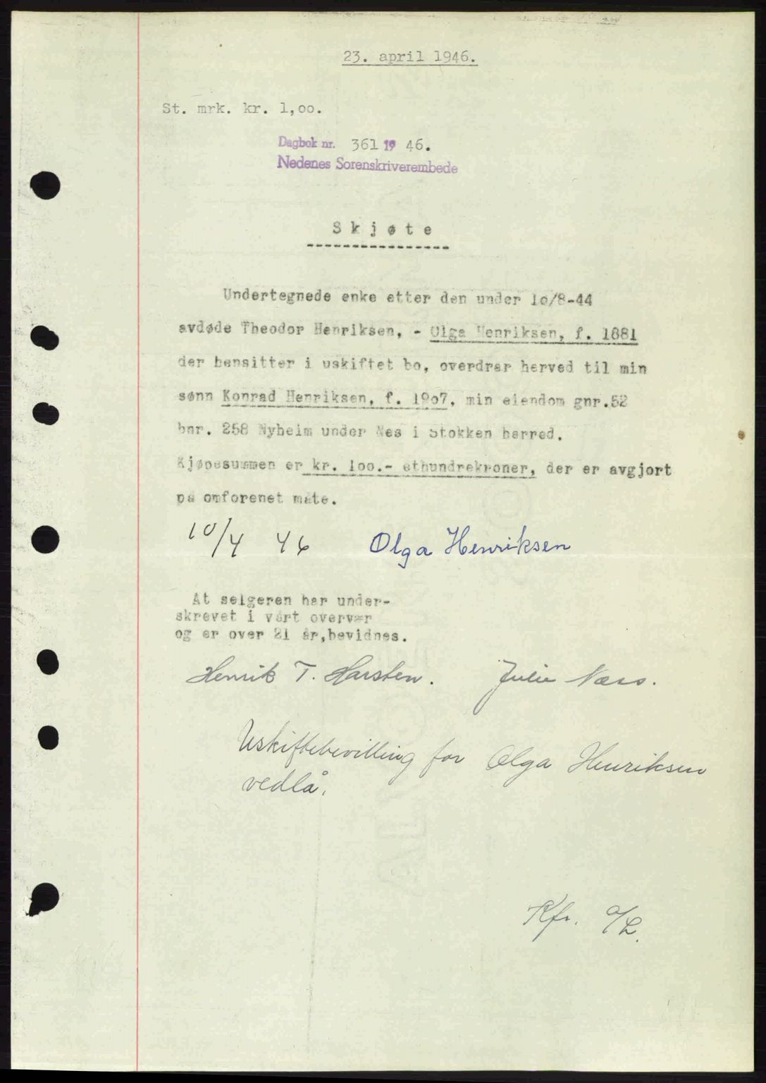 Nedenes sorenskriveri, SAK/1221-0006/G/Gb/Gba/L0054: Mortgage book no. A6c, 1946-1946, Diary no: : 361/1946