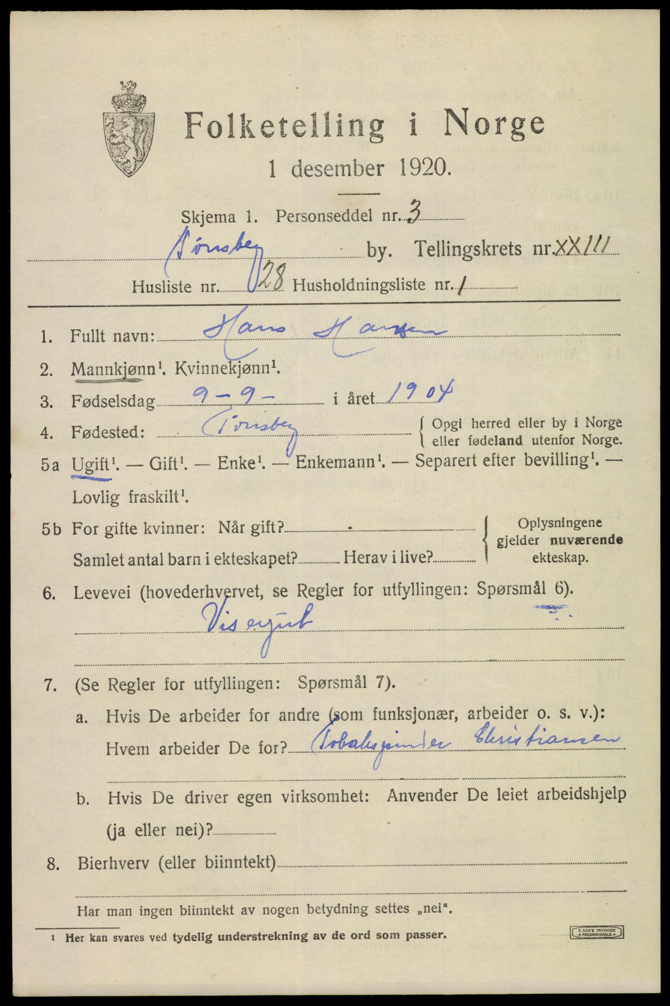 SAKO, 1920 census for Tønsberg, 1920, p. 33169