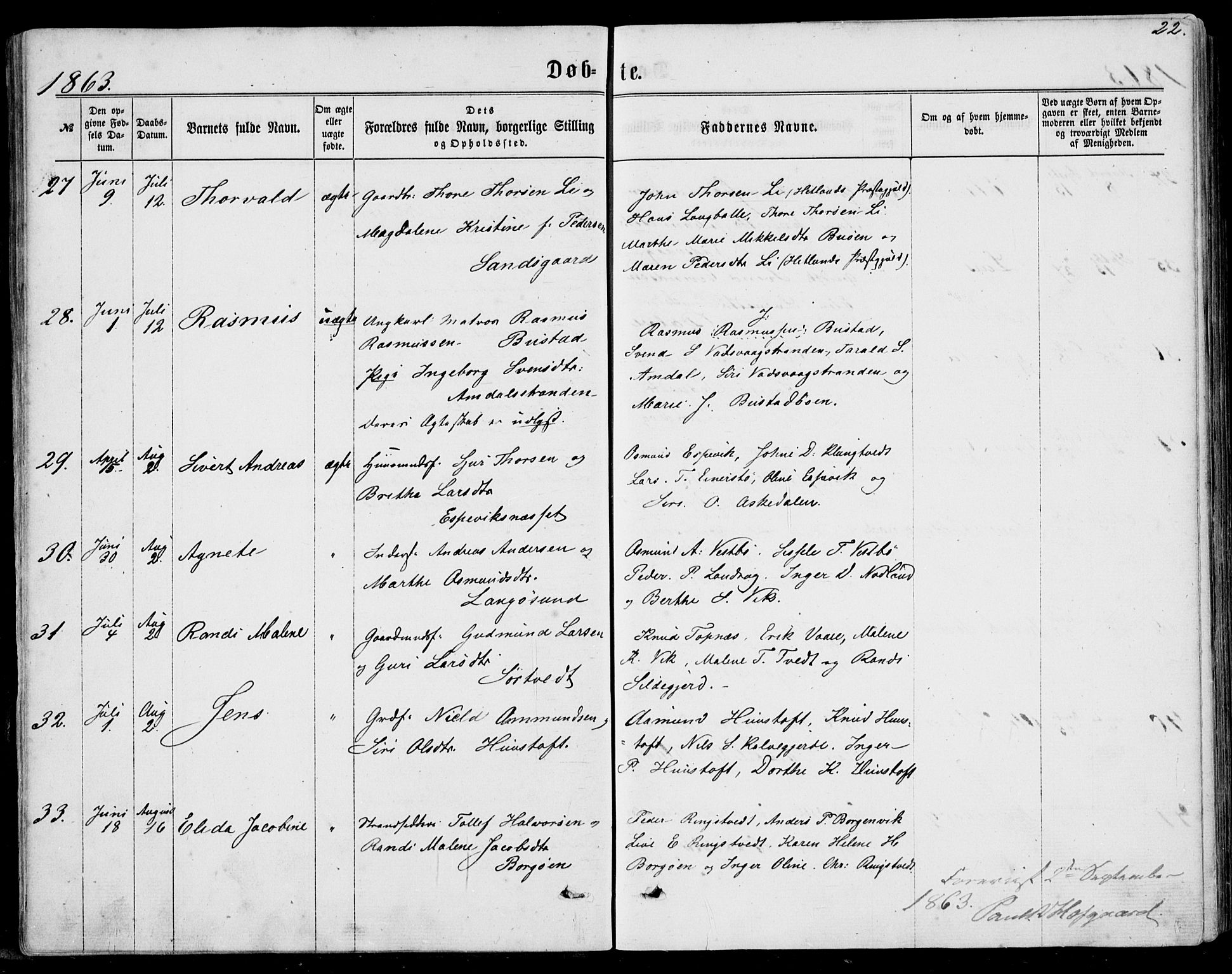 Nedstrand sokneprestkontor, SAST/A-101841/01/IV: Parish register (official) no. A 9, 1861-1876, p. 22