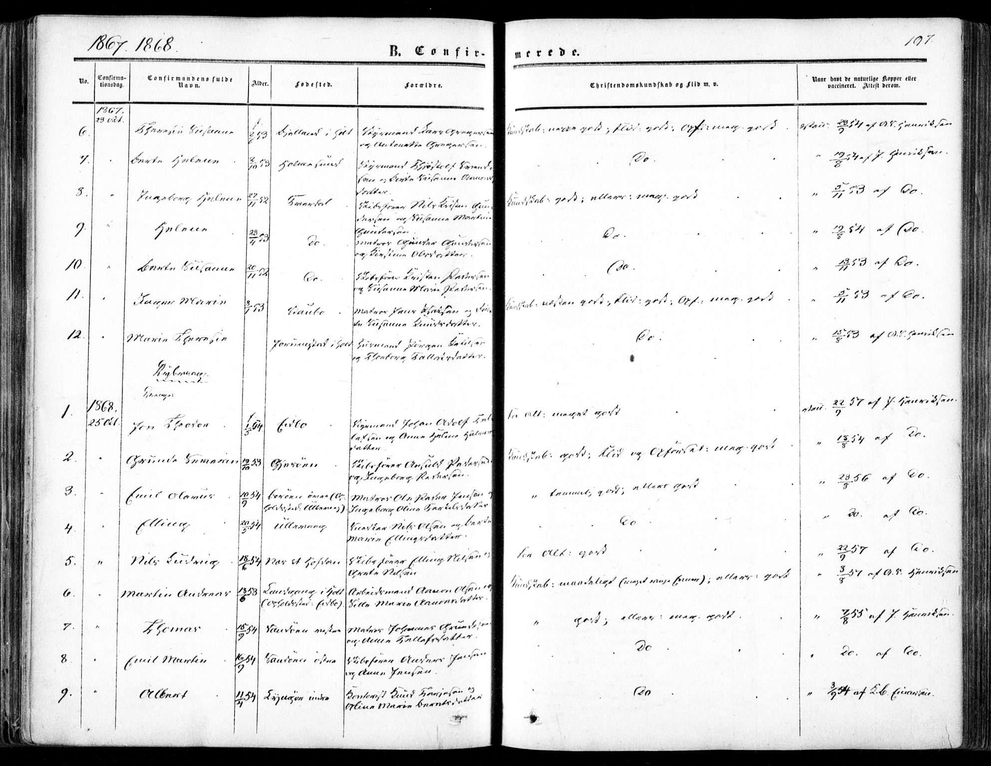 Dypvåg sokneprestkontor, SAK/1111-0007/F/Fa/Faa/L0006: Parish register (official) no. A 6, 1855-1872, p. 197