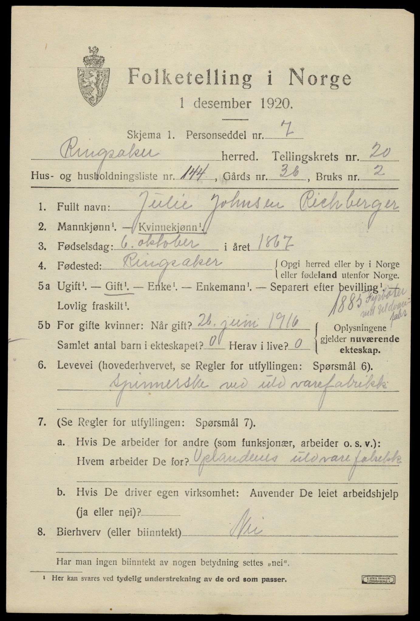 SAH, 1920 census for Ringsaker, 1920, p. 28542