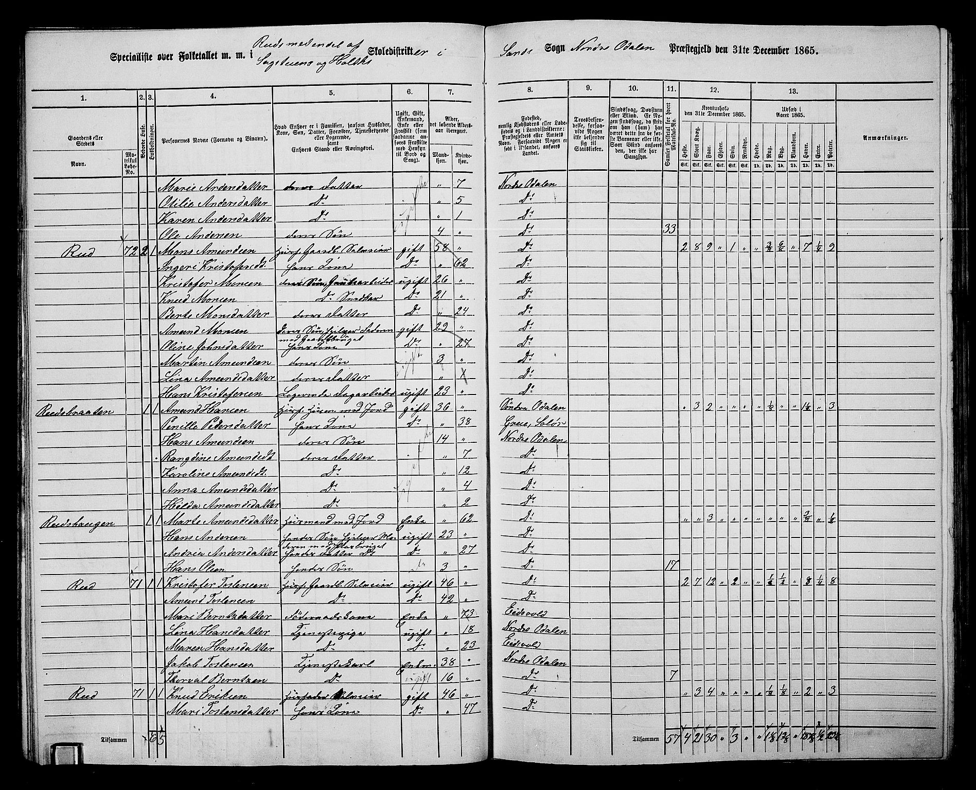 RA, 1865 census for Nord-Odal, 1865, p. 39