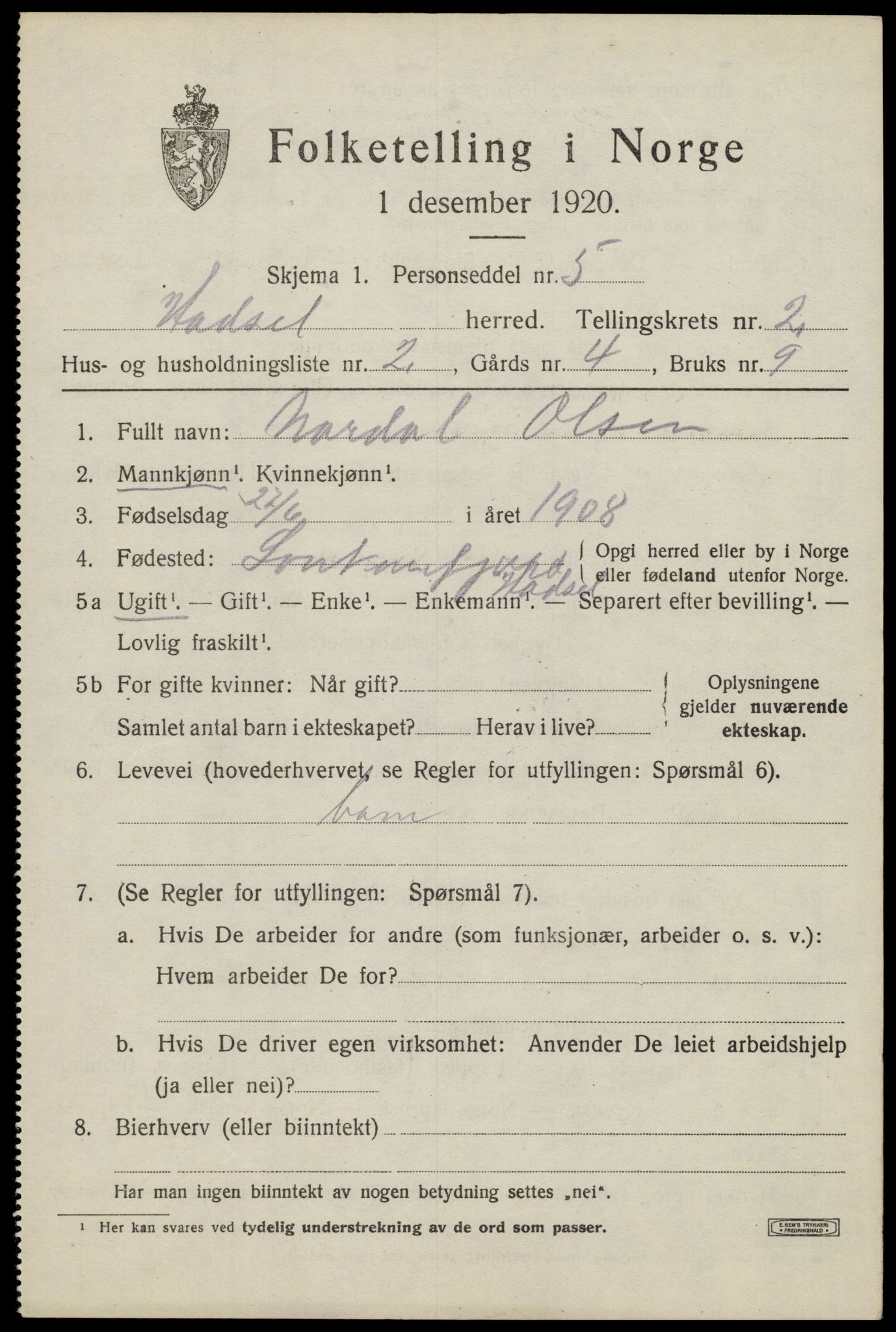 SAT, 1920 census for Hadsel, 1920, p. 3988