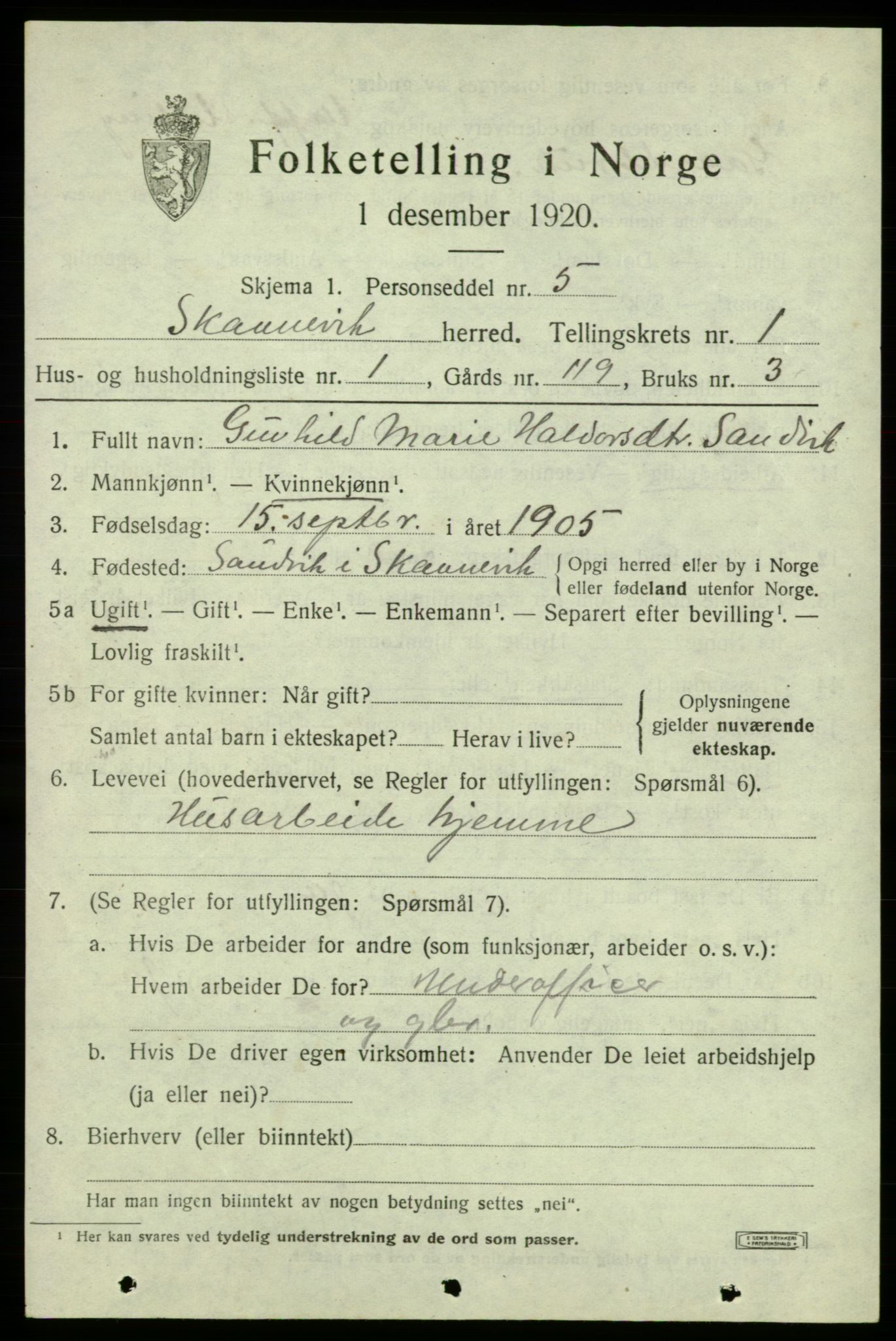 SAB, 1920 census for Skånevik, 1920, p. 2289