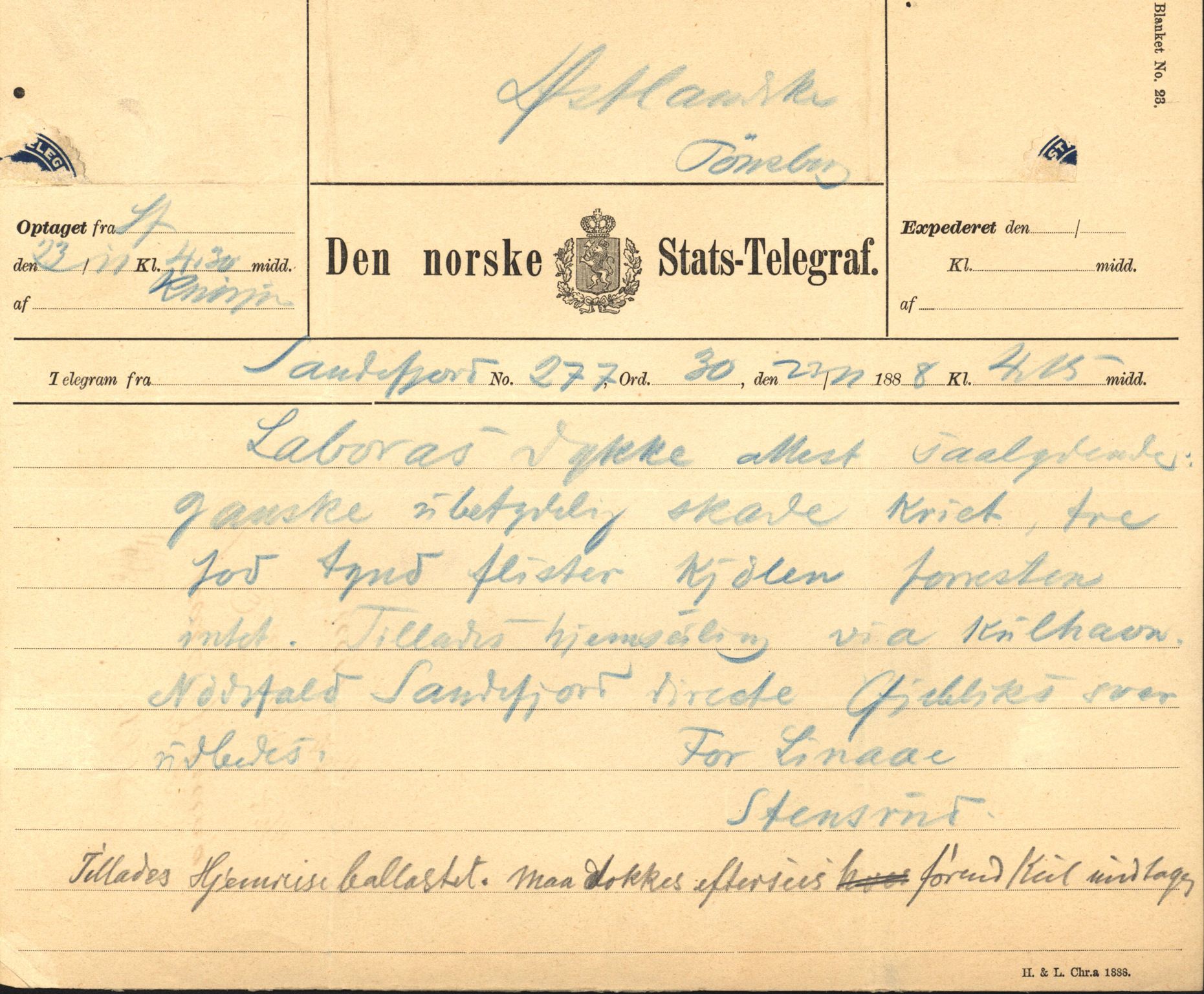 Pa 63 - Østlandske skibsassuranceforening, VEMU/A-1079/G/Ga/L0023/0005: Havaridokumenter / Ora Labora, Ormelie, 1888, p. 2