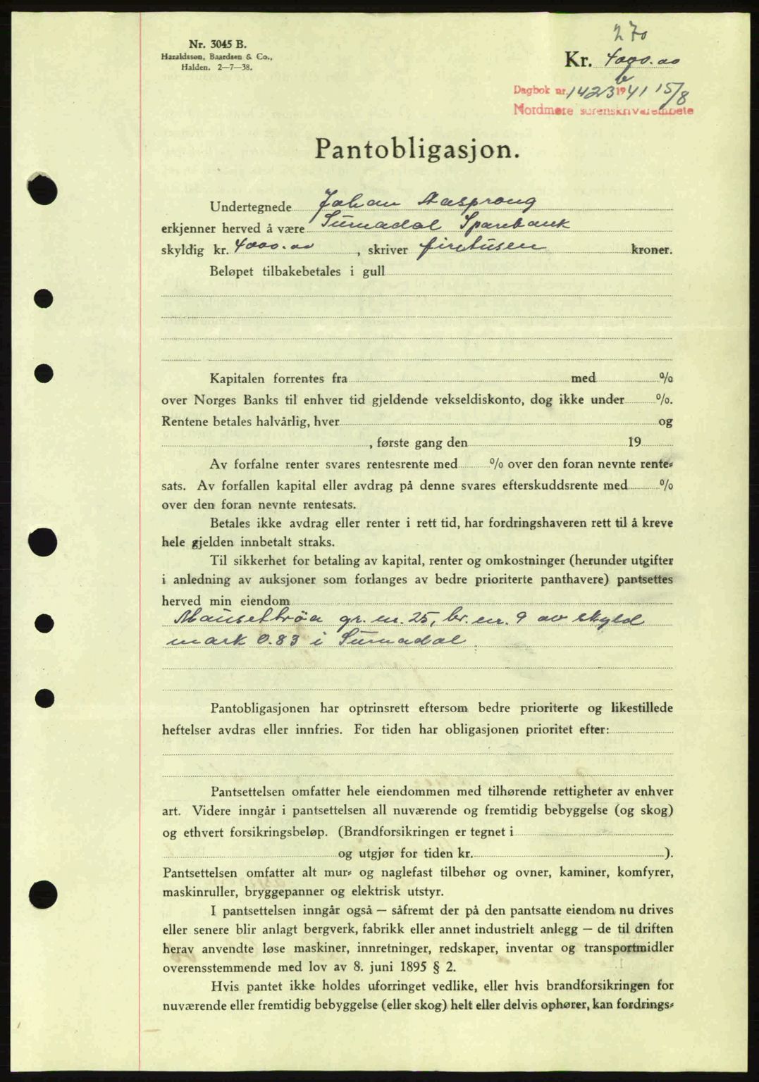 Nordmøre sorenskriveri, AV/SAT-A-4132/1/2/2Ca: Mortgage book no. B88, 1941-1942, Diary no: : 1423/1941