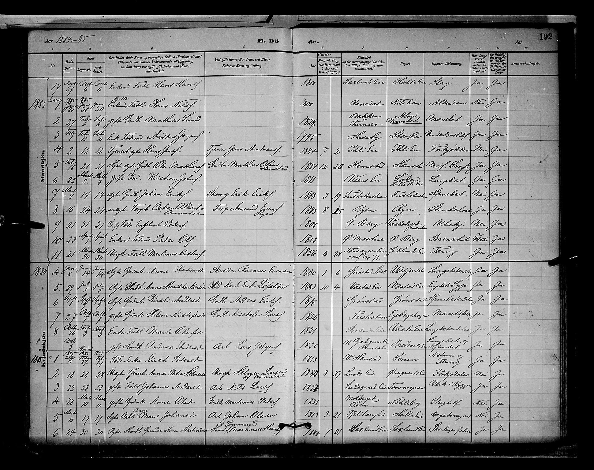 Stange prestekontor, SAH/PREST-002/L/L0009: Parish register (copy) no. 9, 1883-1899, p. 192