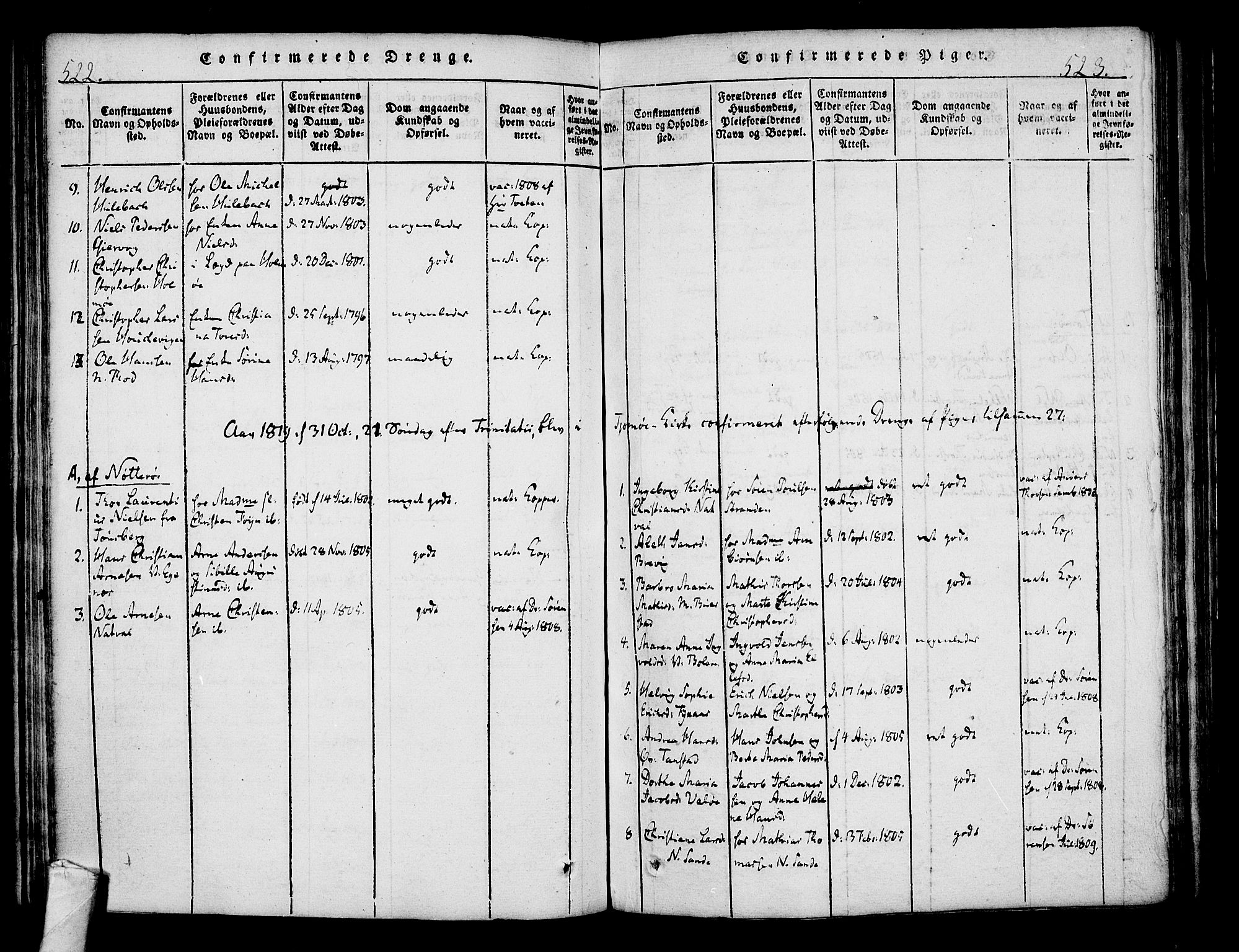 Nøtterøy kirkebøker, AV/SAKO-A-354/F/Fa/L0004: Parish register (official) no. I 4, 1814-1838, p. 522-523