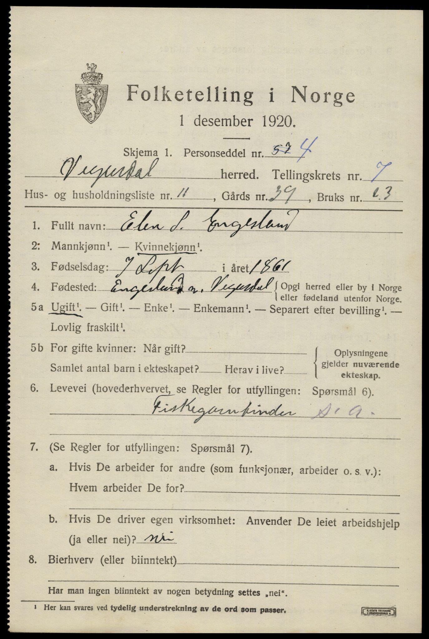 SAK, 1920 census for Vegusdal, 1920, p. 1783