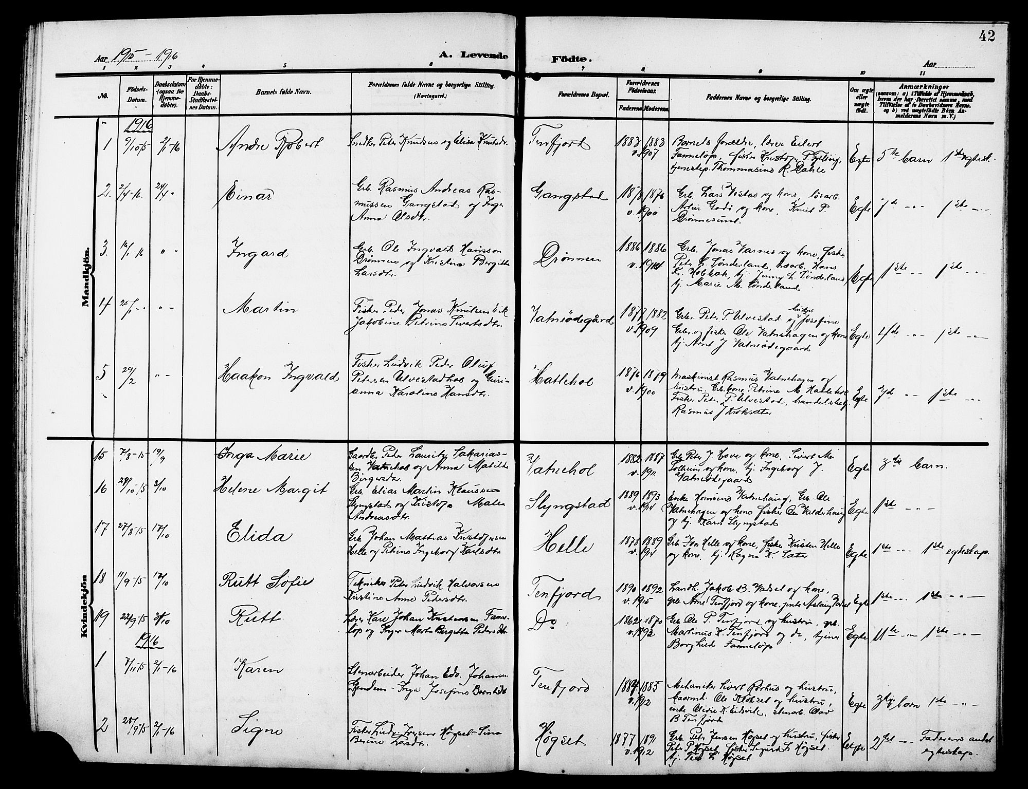 Ministerialprotokoller, klokkerbøker og fødselsregistre - Møre og Romsdal, AV/SAT-A-1454/525/L0377: Parish register (copy) no. 525C03, 1903-1917, p. 42