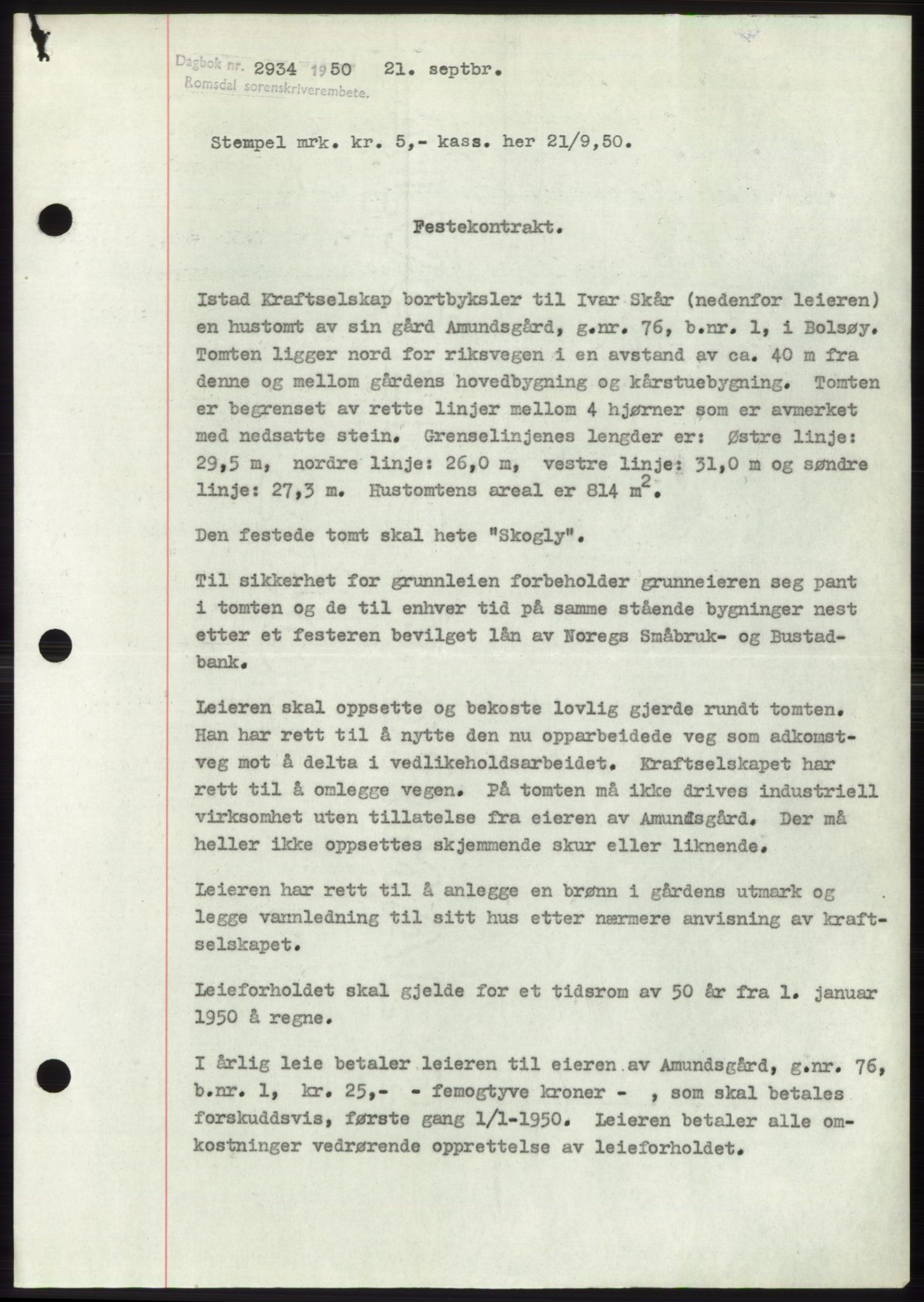 Romsdal sorenskriveri, AV/SAT-A-4149/1/2/2C: Mortgage book no. B5, 1949-1950, Diary no: : 2934/1950