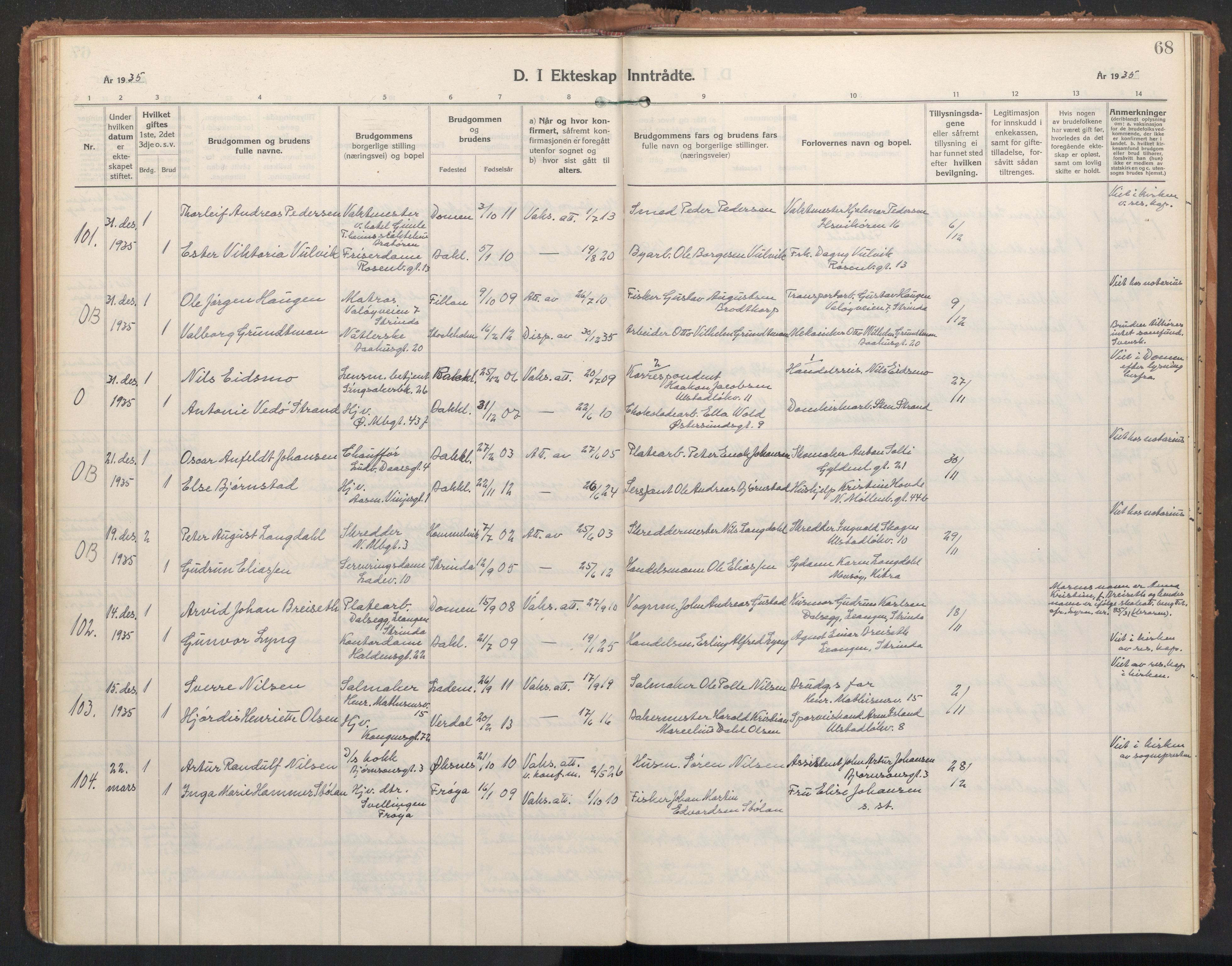 Ministerialprotokoller, klokkerbøker og fødselsregistre - Sør-Trøndelag, SAT/A-1456/604/L0209: Parish register (official) no. 604A29, 1931-1945, p. 68