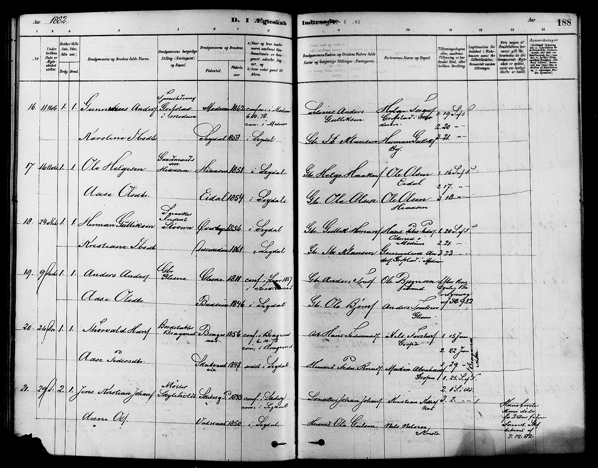 Sigdal kirkebøker, AV/SAKO-A-245/F/Fa/L0011: Parish register (official) no. I 11, 1879-1887, p. 188