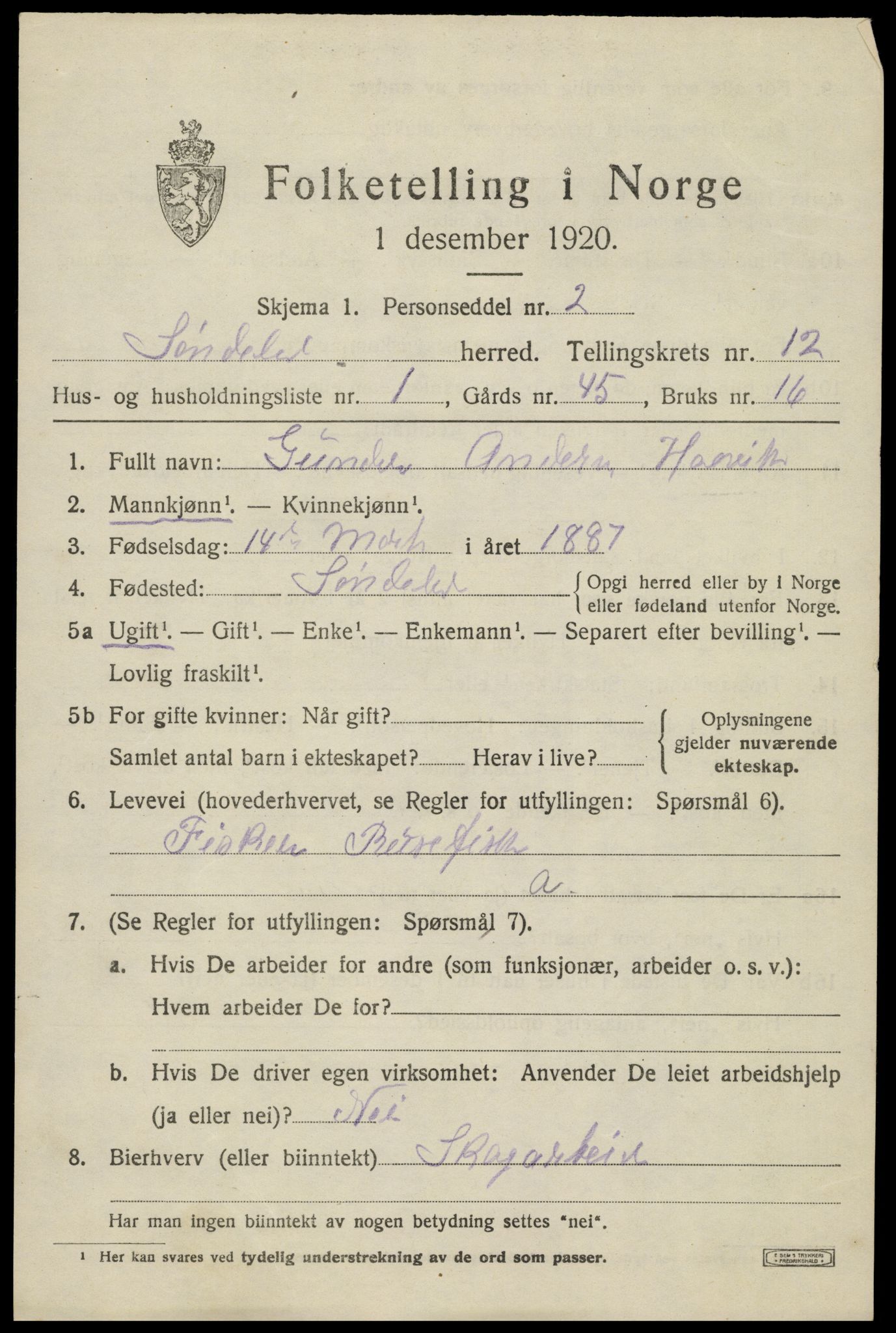 SAK, 1920 census for Søndeled, 1920, p. 5835