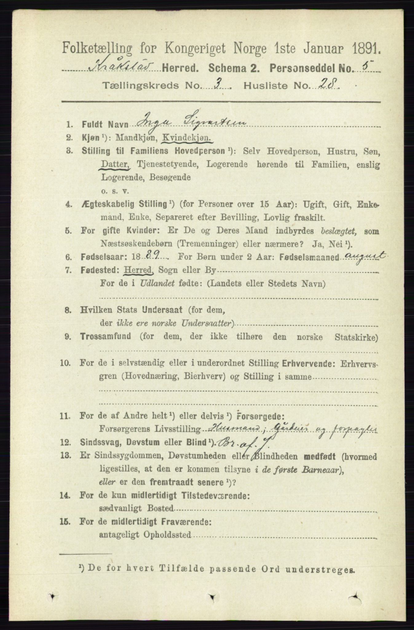 RA, 1891 census for 0212 Kråkstad, 1891, p. 1366