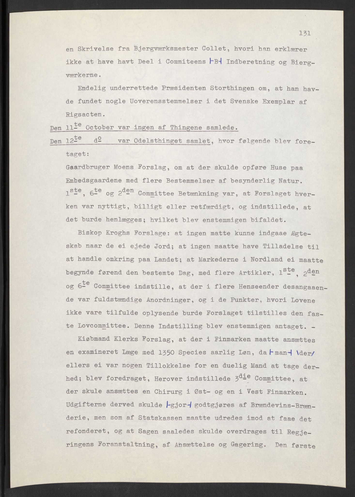 Manuskriptsamlingen, AV/RA-EA-3667/F/L0197: Wetlesen, Hans Jørgen (stortingsmann, ingeniørkaptein); Referat fra Stortinget 1815-1816, 1815-1816, p. 131