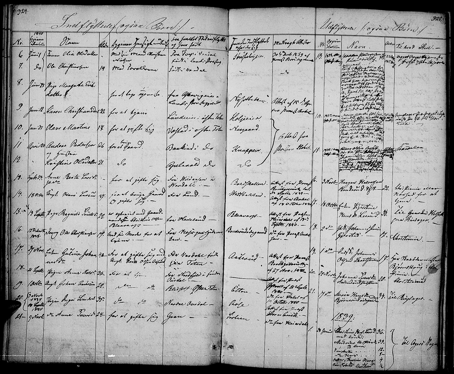 Vestre Toten prestekontor, SAH/PREST-108/H/Ha/Haa/L0003: Parish register (official) no. 3, 1836-1843, p. 324-325