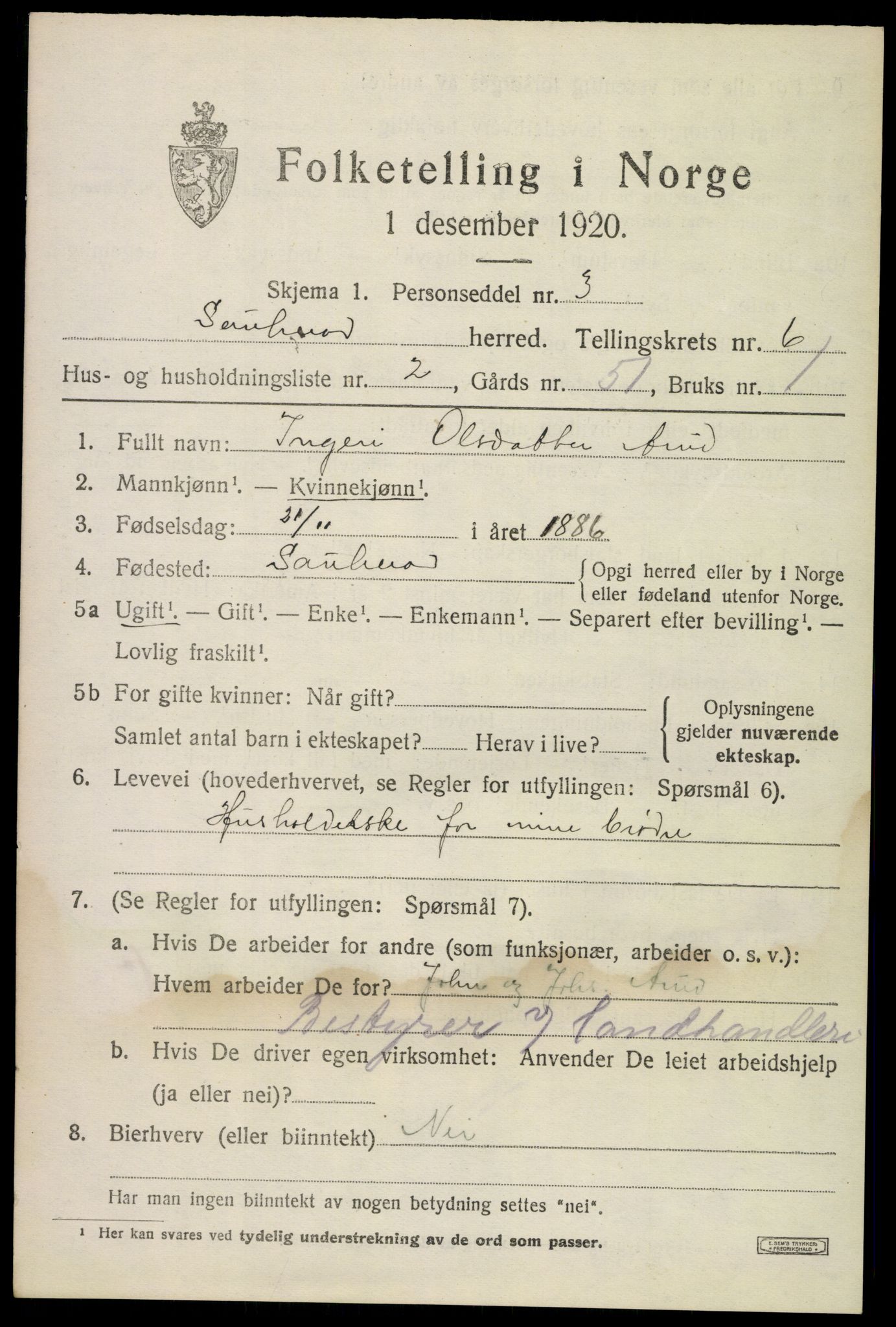 SAKO, 1920 census for Sauherad, 1920, p. 5087