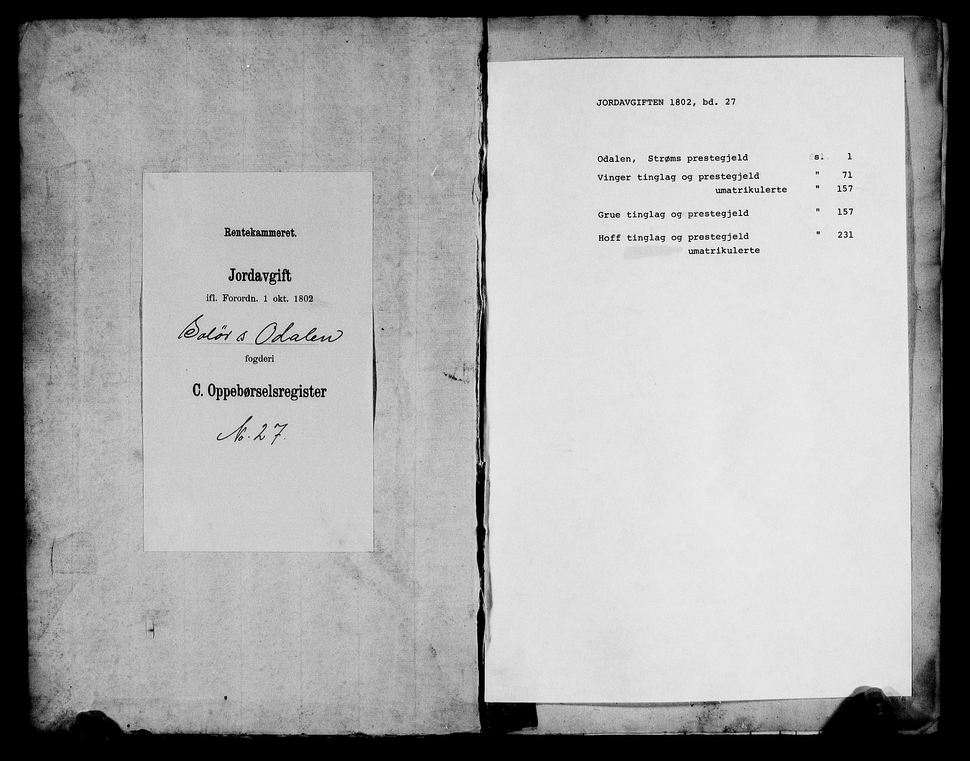 Rentekammeret inntil 1814, Realistisk ordnet avdeling, RA/EA-4070/N/Ne/Nea/L0027: Solør og Odal fogderi. Oppebørselsregister, 1803-1804, p. 1