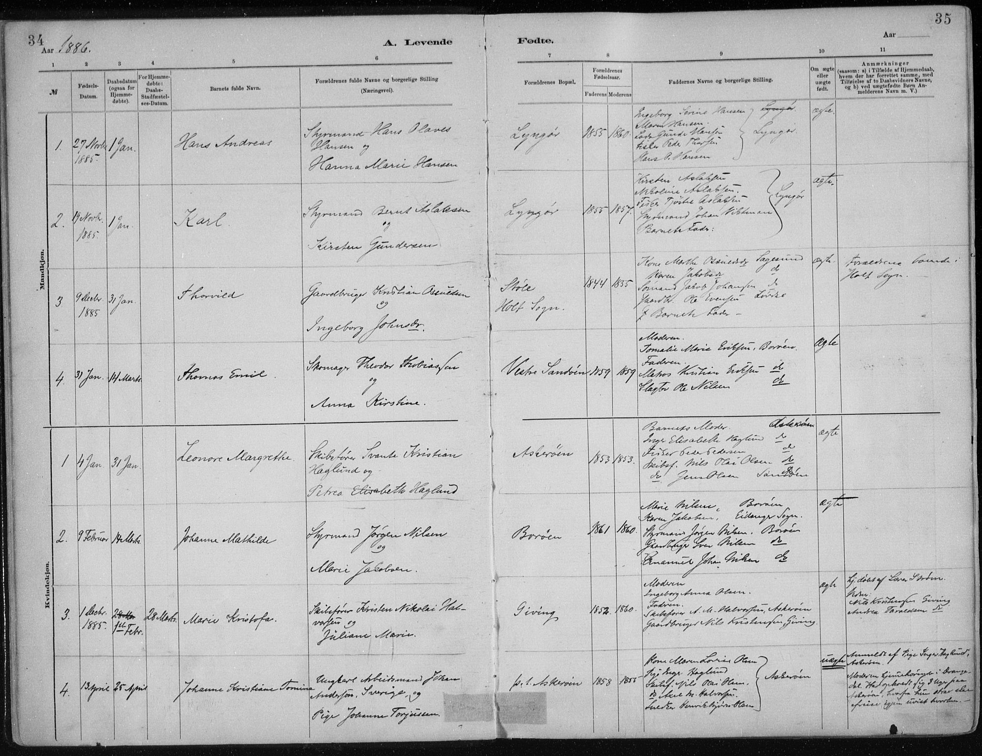 Dypvåg sokneprestkontor, AV/SAK-1111-0007/F/Fa/Faa/L0008: Parish register (official) no. A 8, 1885-1906, p. 34-35