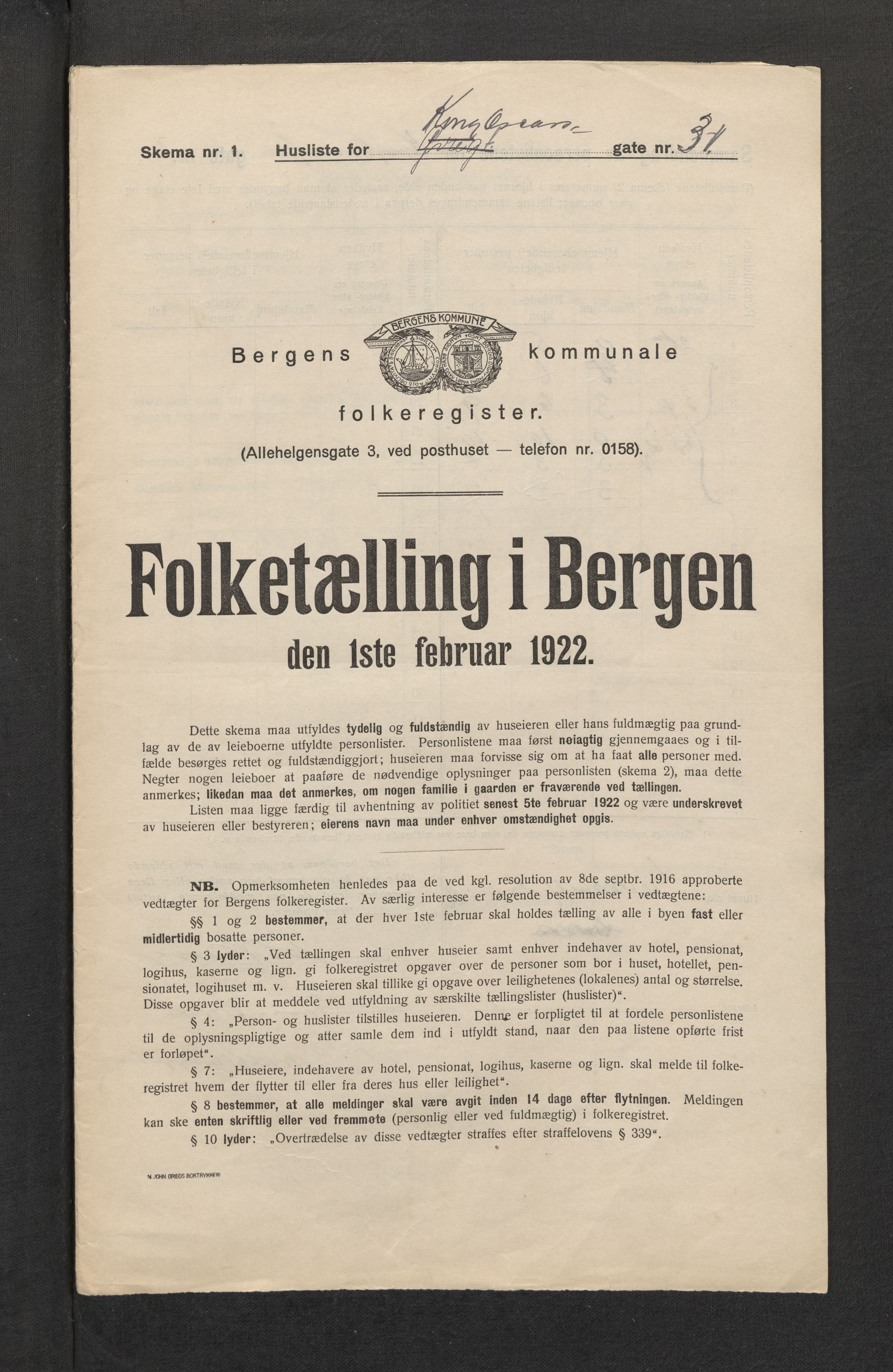 SAB, Municipal Census 1922 for Bergen, 1922, p. 19880