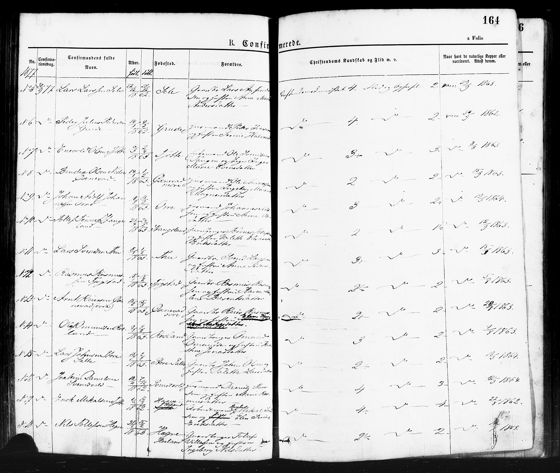 Klepp sokneprestkontor, AV/SAST-A-101803/001/3/30BA/L0006: Parish register (official) no. A 6, 1871-1885, p. 164