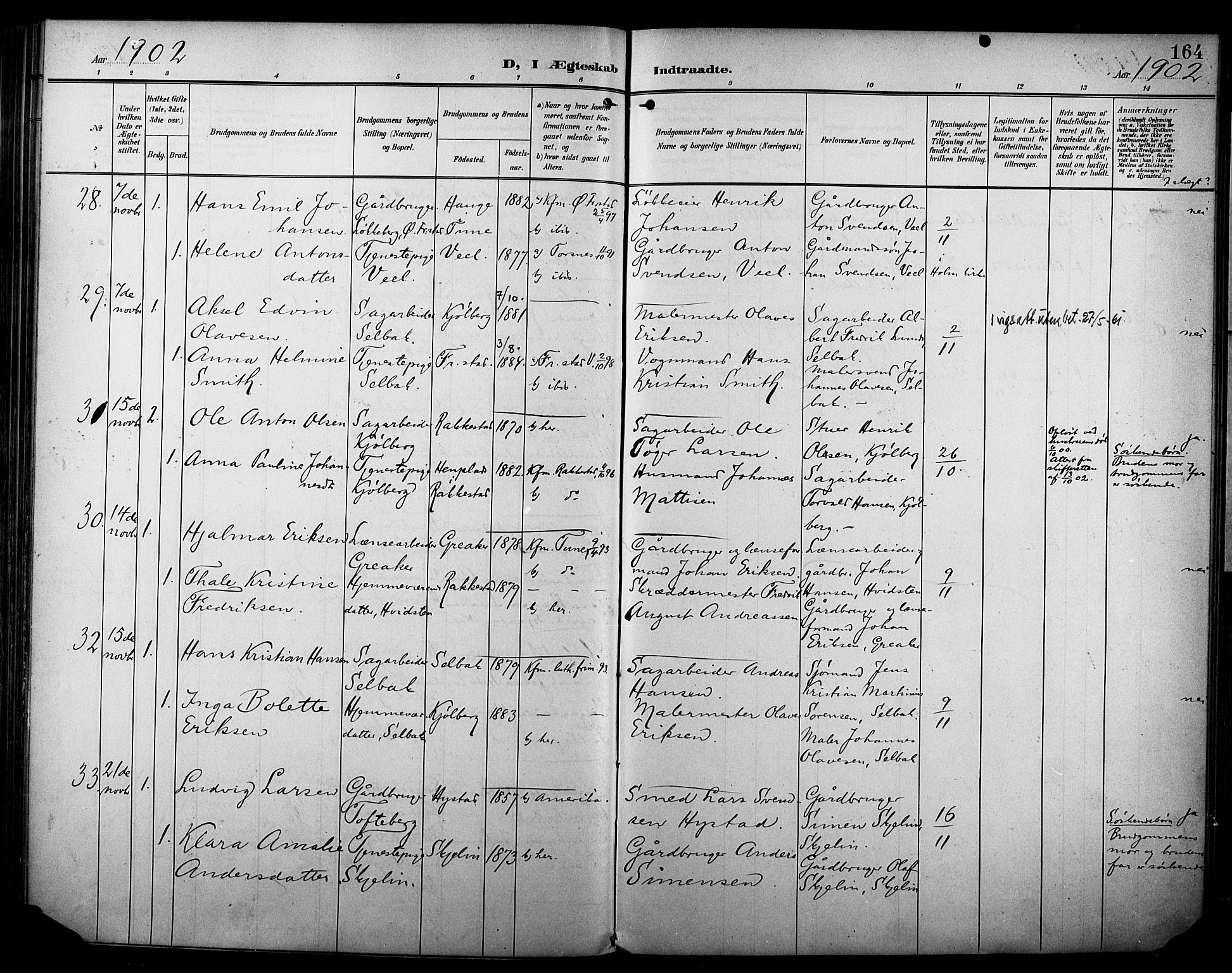 Borge prestekontor Kirkebøker, AV/SAO-A-10903/F/Fa/L0009: Parish register (official) no. I 9, 1902-1911, p. 164