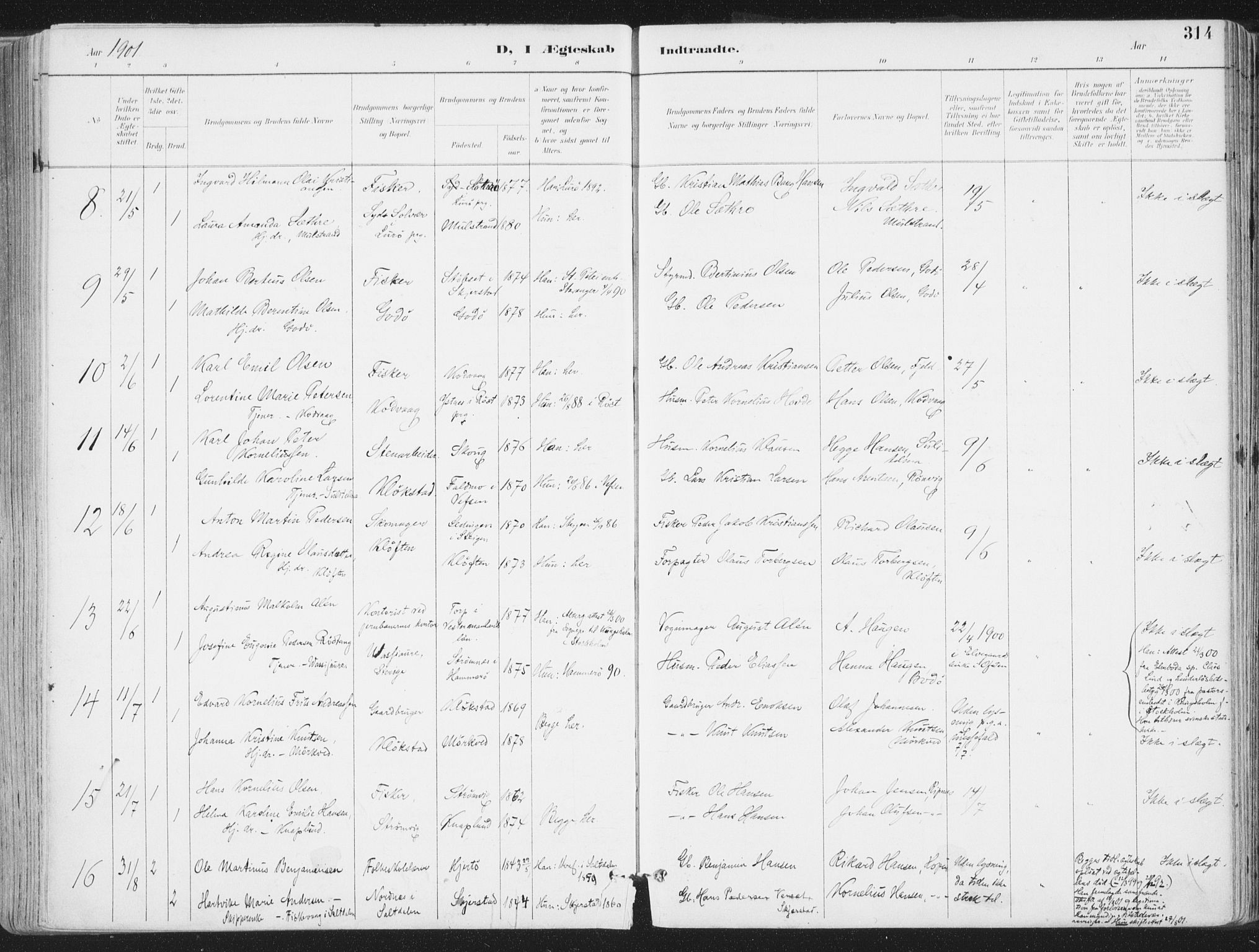 Ministerialprotokoller, klokkerbøker og fødselsregistre - Nordland, AV/SAT-A-1459/802/L0055: Parish register (official) no. 802A02, 1894-1915, p. 314