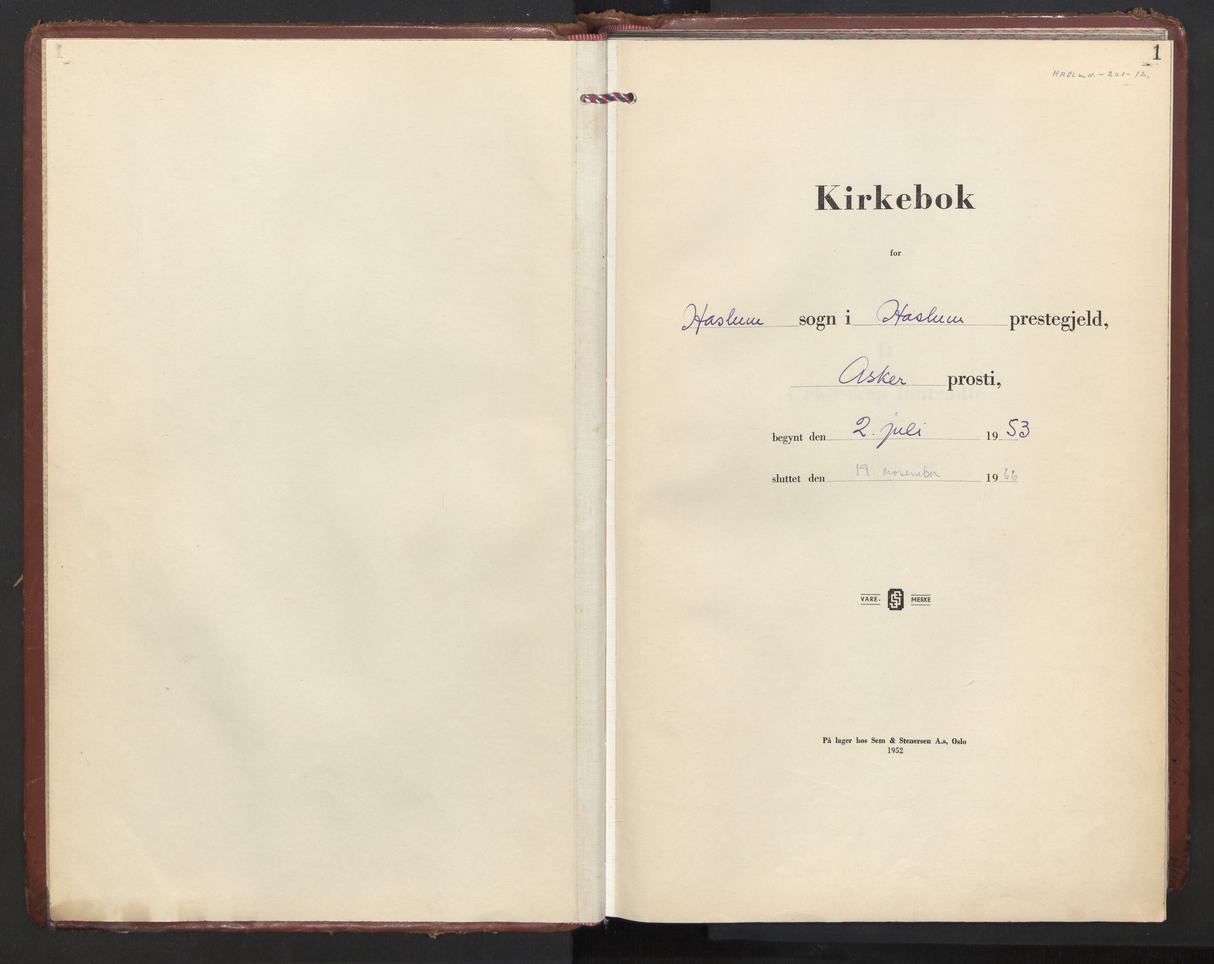 Haslum prestekontor Kirkebøker, SAO/A-10380a/F/Fa/L0002: Parish register (official) no. 2, 1953-1966, p. 1