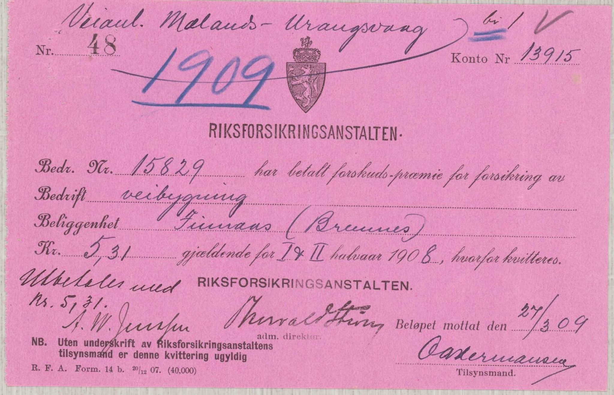 Finnaas kommune. Formannskapet, IKAH/1218a-021/E/Ea/L0002/0005: Rekneskap for veganlegg / Rekneskap for veganlegget Urangsvåg - Mælandsvåg, 1907-1909, p. 66