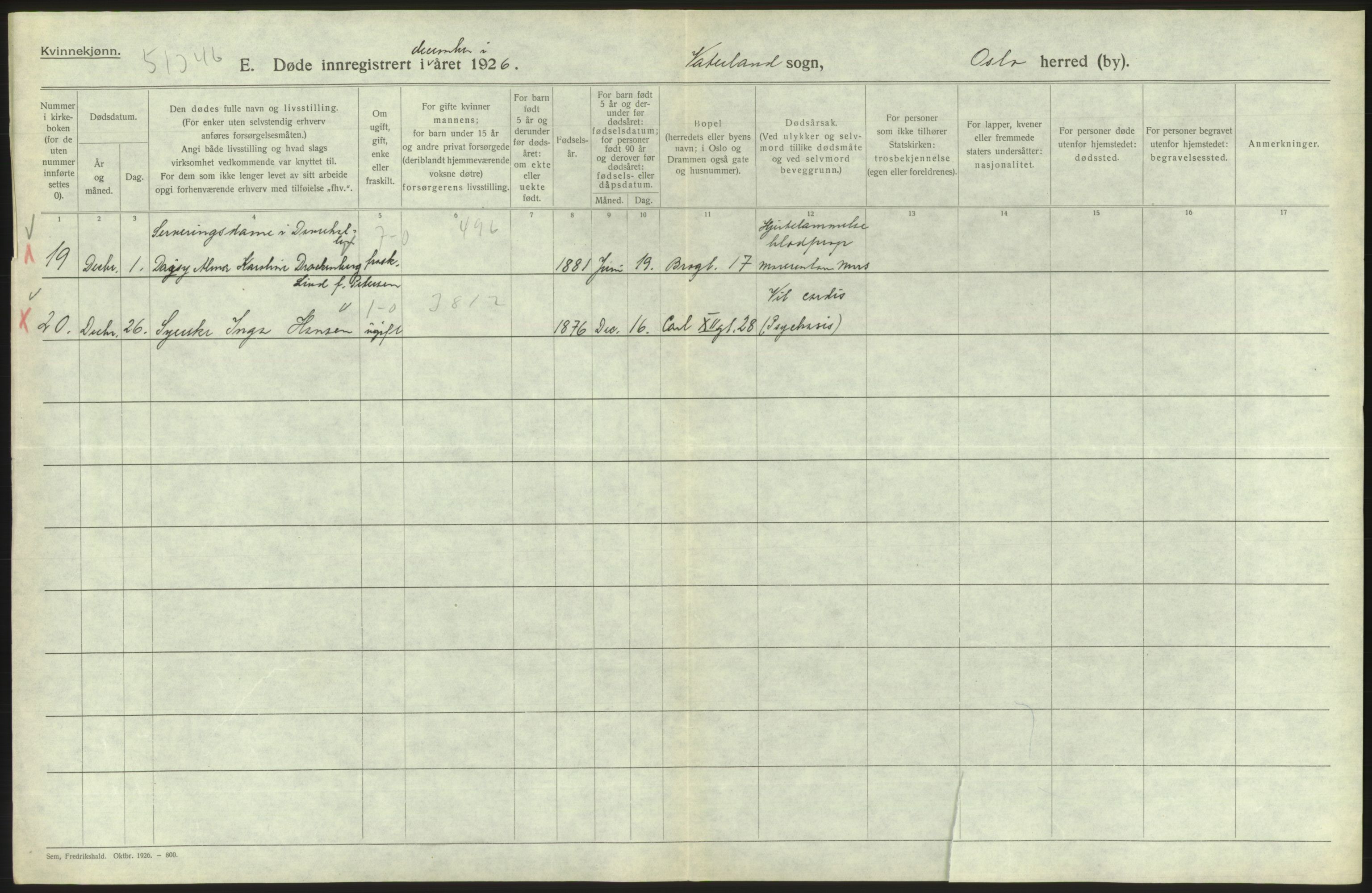 Statistisk sentralbyrå, Sosiodemografiske emner, Befolkning, RA/S-2228/D/Df/Dfc/Dfcf/L0010: Oslo: Døde kvinner, dødfødte, 1926, p. 466