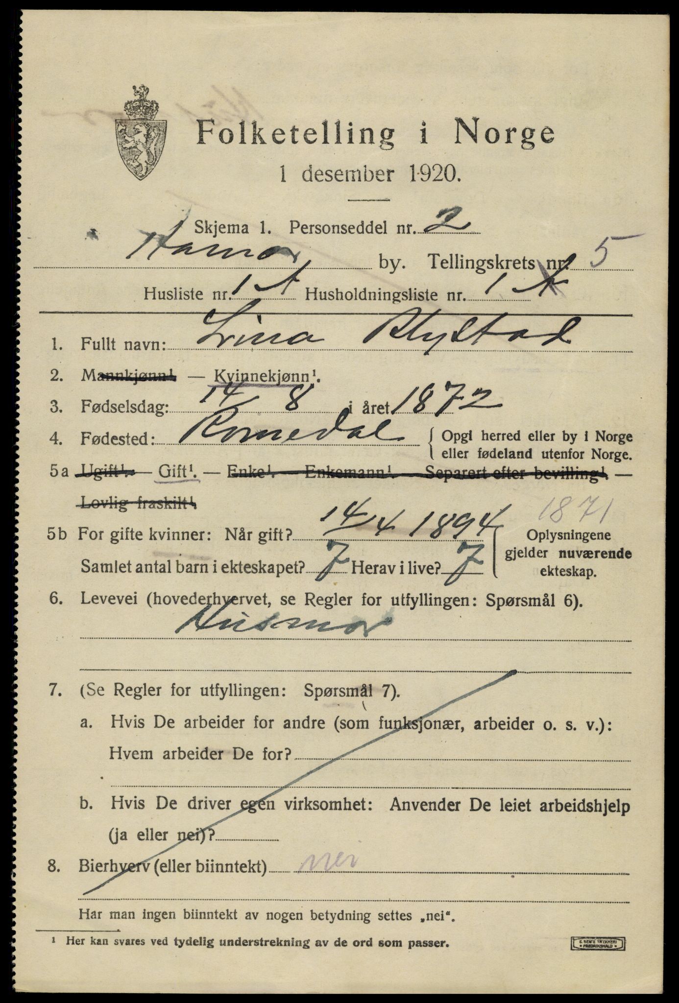 SAH, 1920 census for Hamar, 1920, p. 9259