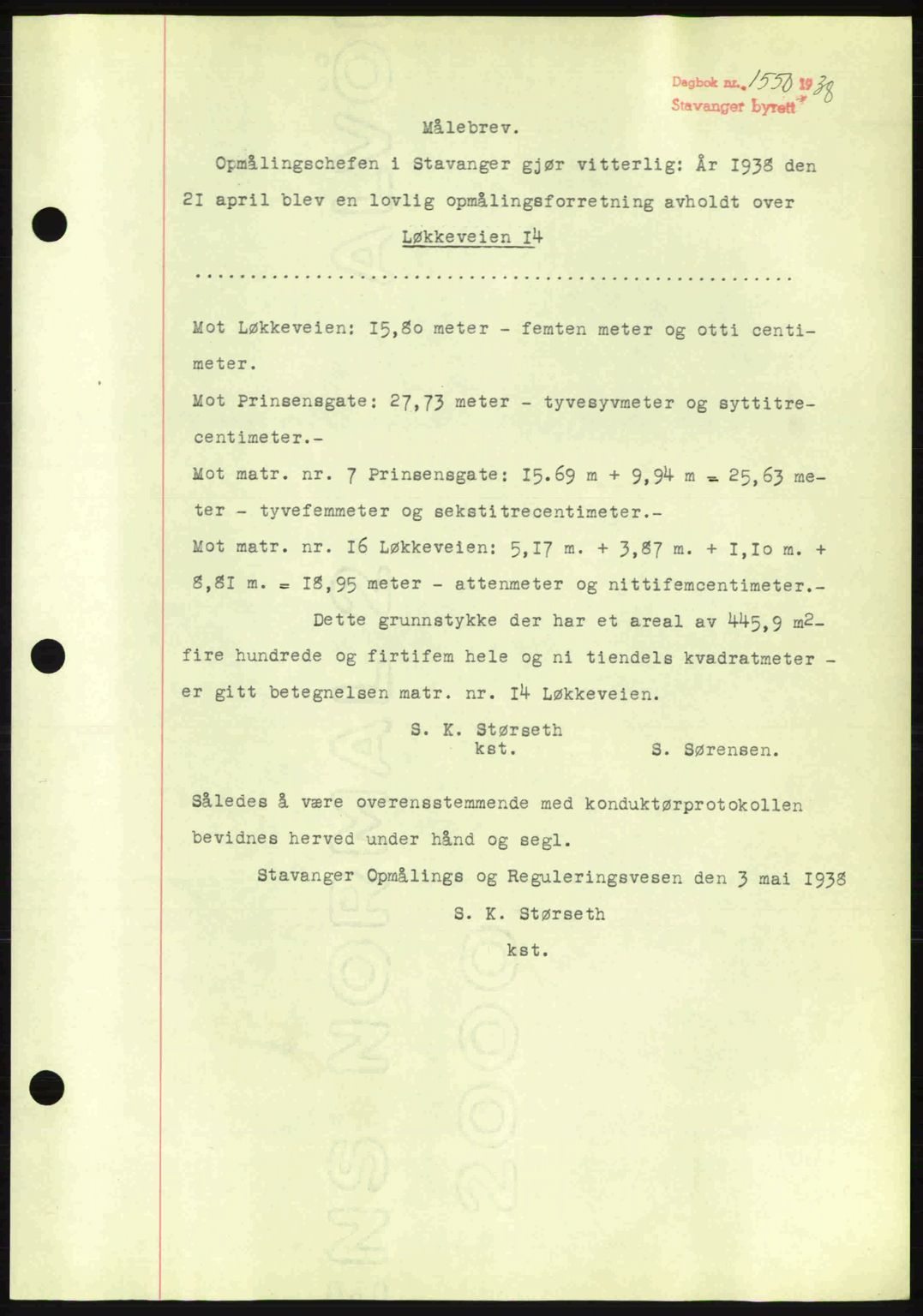 Stavanger byrett, SAST/A-100455/002/G/Gb/L0013: Mortgage book no. A3, 1937-1938, Diary no: : 1550/1938