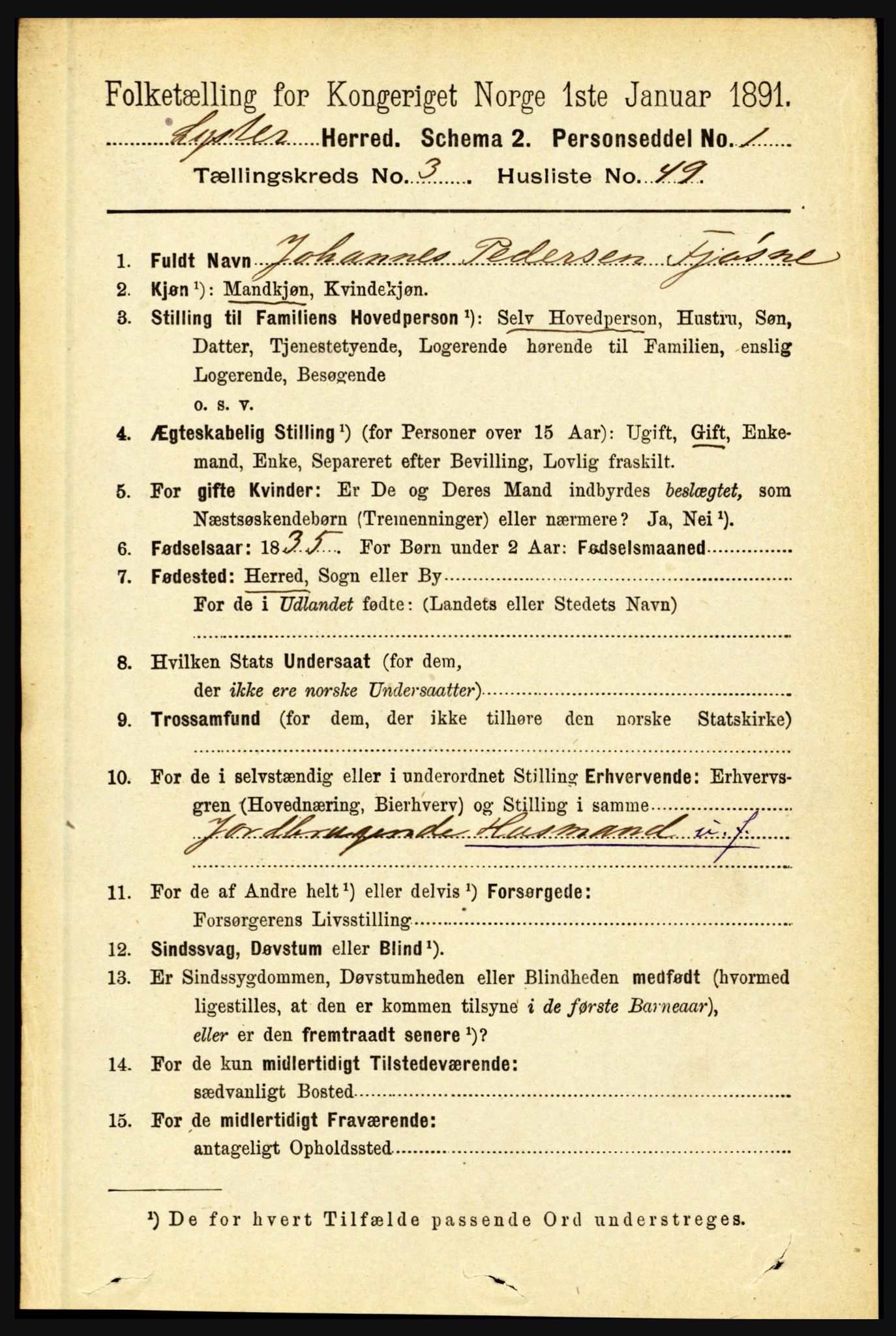 RA, 1891 census for 1426 Luster, 1891, p. 1398