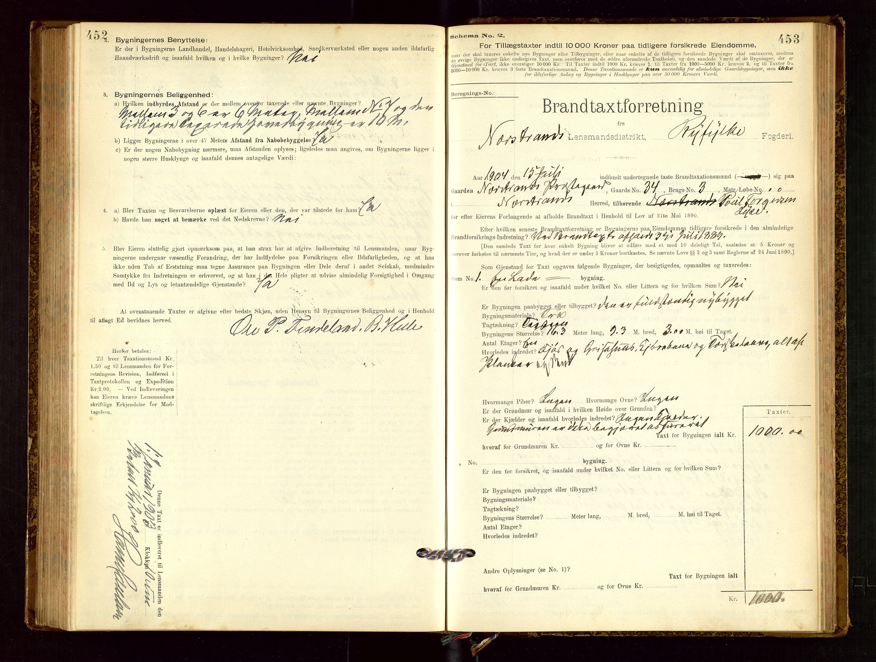 Nedstrand lensmannskontor, SAST/A-100236/Gob/L0001: "Brandtaxationsprotokol for Nerstrand Lensmandsdistrikt Ryfylke fogderi", 1895-1915, p. 452-453