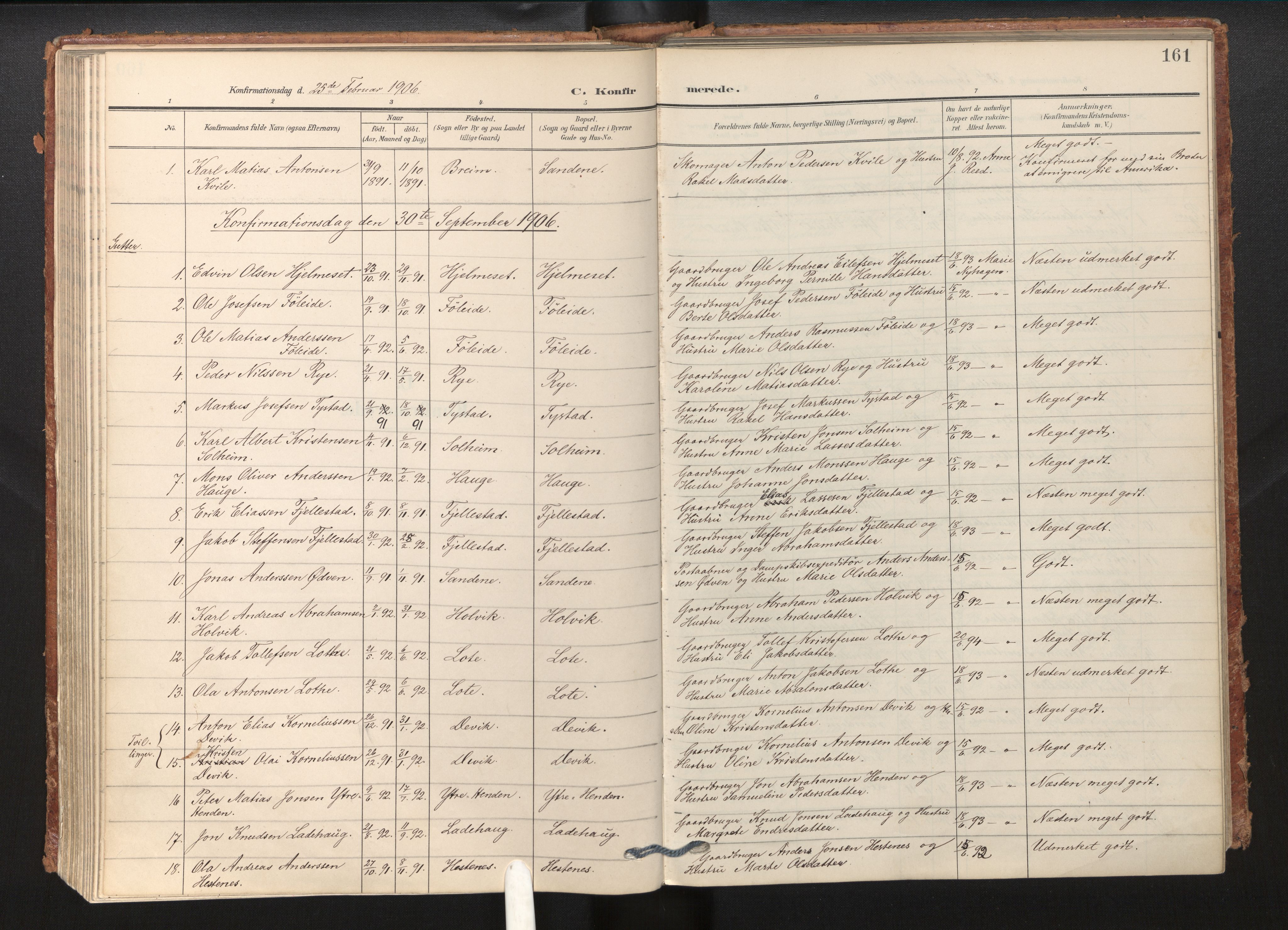 Gloppen sokneprestembete, SAB/A-80101/H/Haa/Haab/L0002: Parish register (official) no. B 2, 1906-1932, p. 160b-161a