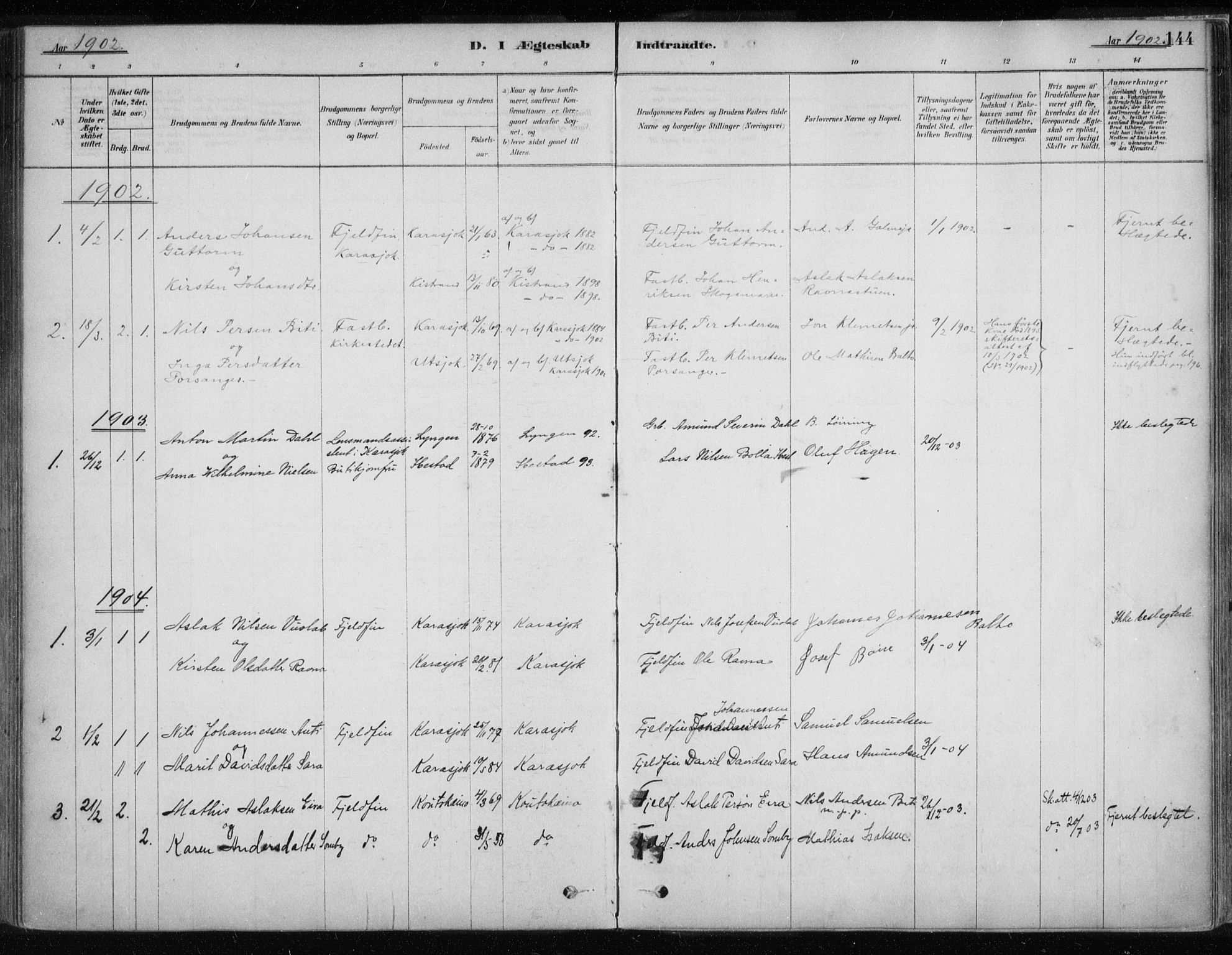 Karasjok sokneprestkontor, SATØ/S-1352/H/Ha/L0002kirke: Parish register (official) no. 2, 1885-1906, p. 144