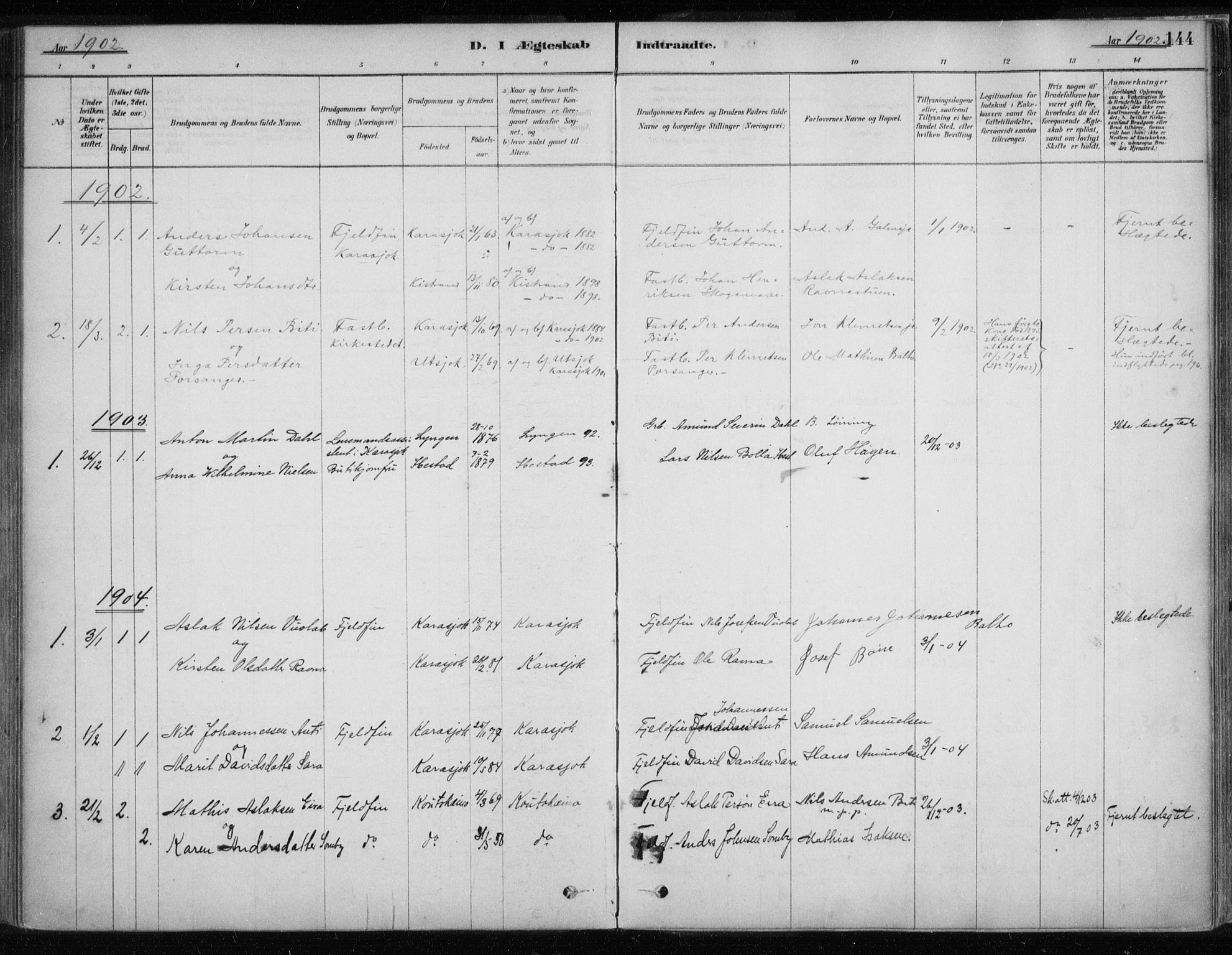 Karasjok sokneprestkontor, AV/SATØ-S-1352/H/Ha/L0002kirke: Parish register (official) no. 2, 1885-1906, p. 144