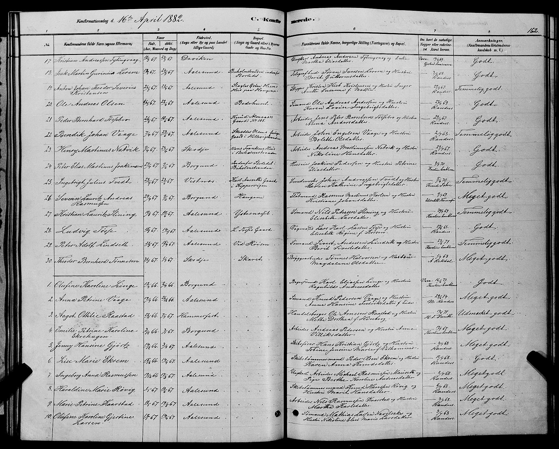 Ministerialprotokoller, klokkerbøker og fødselsregistre - Møre og Romsdal, SAT/A-1454/529/L0466: Parish register (copy) no. 529C03, 1878-1888, p. 162
