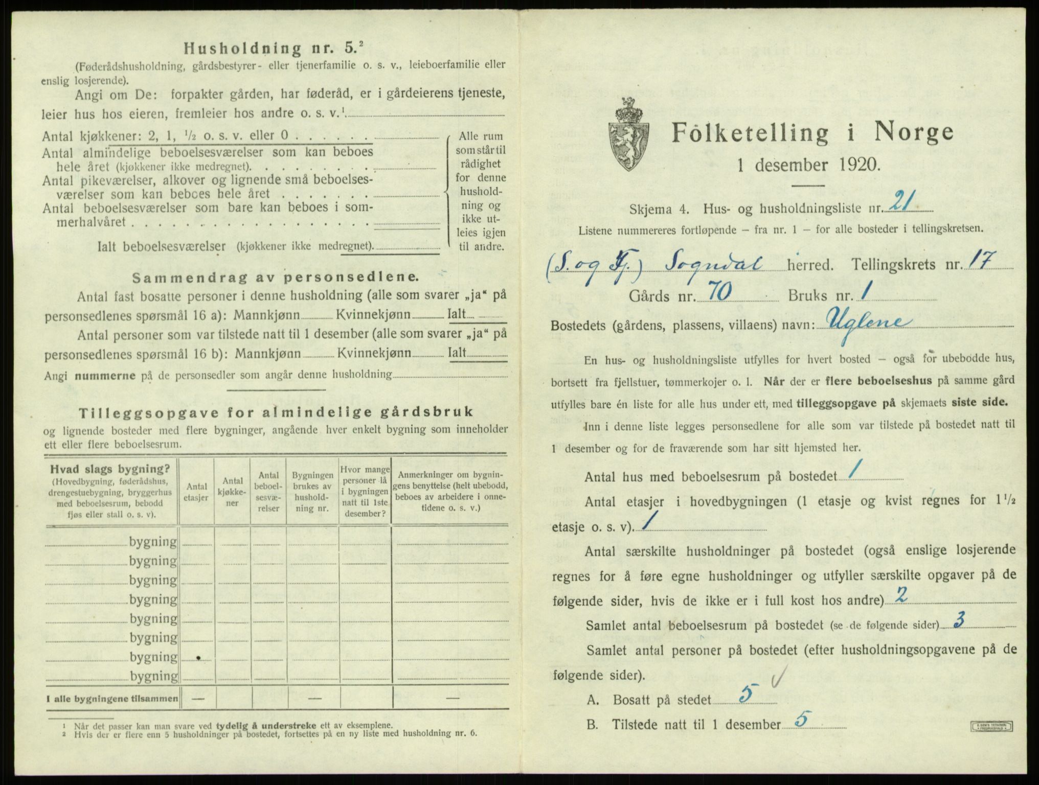 SAB, 1920 census for Sogndal, 1920, p. 929