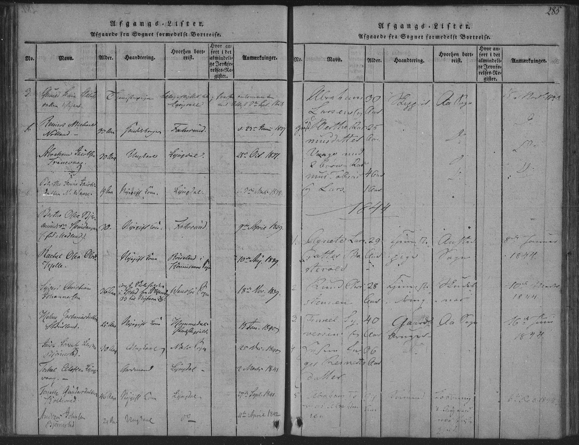 Herad sokneprestkontor, SAK/1111-0018/F/Fa/Fab/L0002: Parish register (official) no. A 2, 1816-1844, p. 285